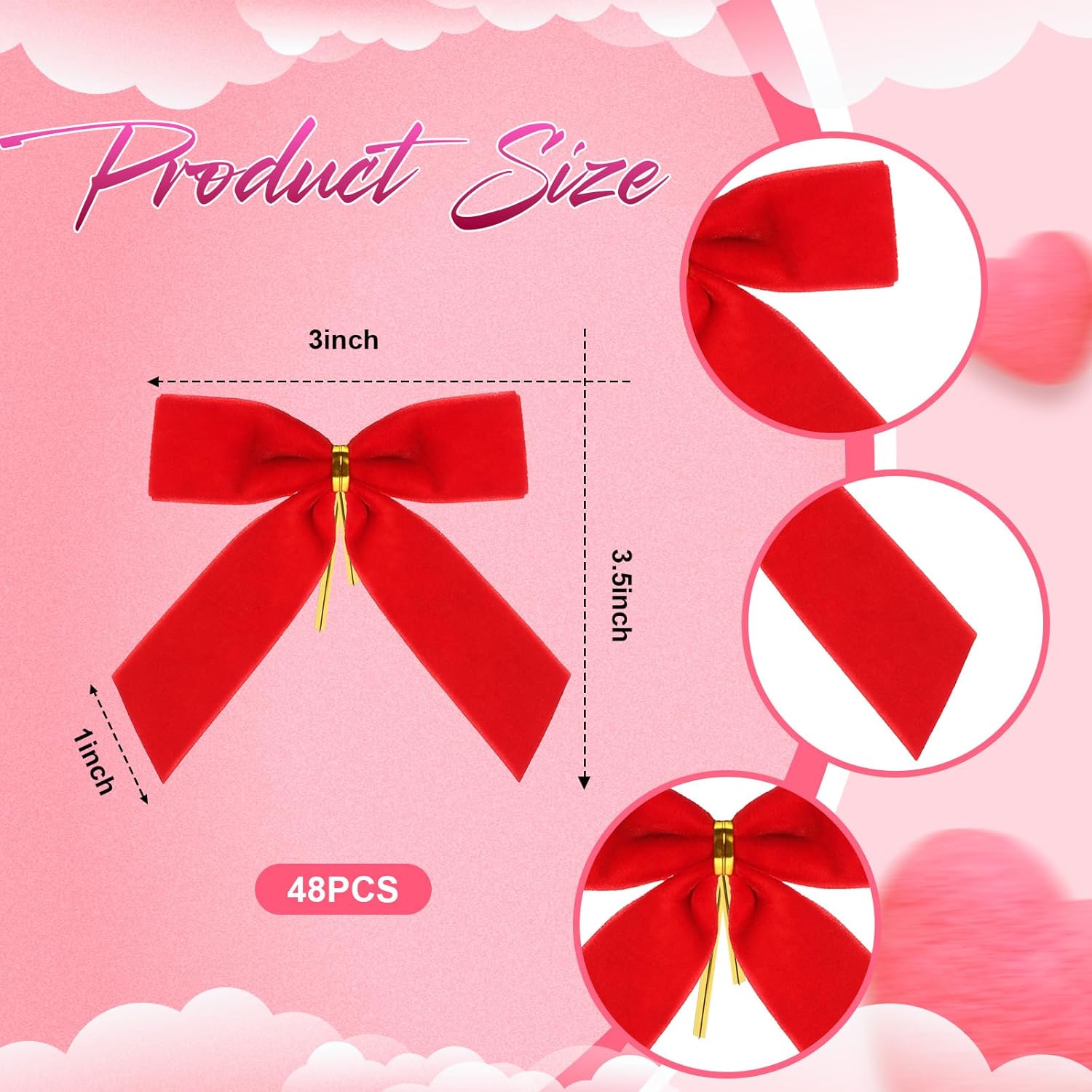 Jexine 48 Pcs Valentine's Day Red Velvet Bows Decor Small Red Twist Tie Bows for Valentines Wreath Tree 3" x 3.5" Ribbon Bow Tie Wreath Ornaments for Gift Wrappings Wedding Engagement Front Door Decor - Image 2