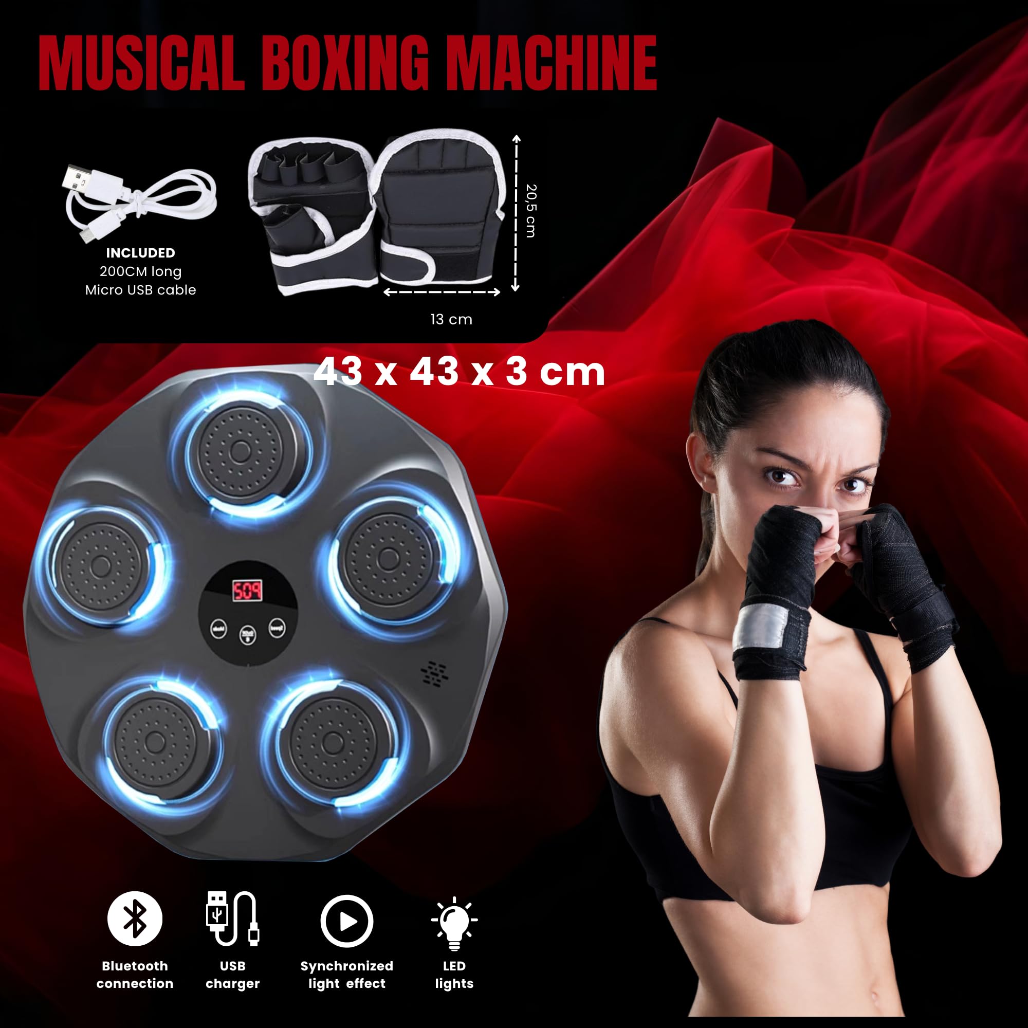 MAGIC SELECT Máquina de Boxeo Musical Equipo de Entrenamiento para Pared con LED, Guantes de Boxeo, Bluetooth y Luces al Ritmo de la Música. Maquina de Boxeo para Niños/Adultos. (9 Modos, 43x43 cm)