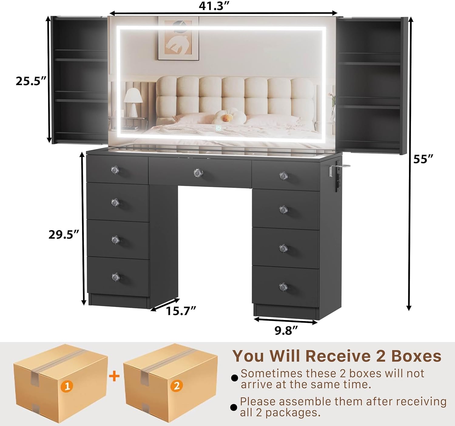 CASANOOKK Makeup Vanity Desk with Large Mirror and Lights