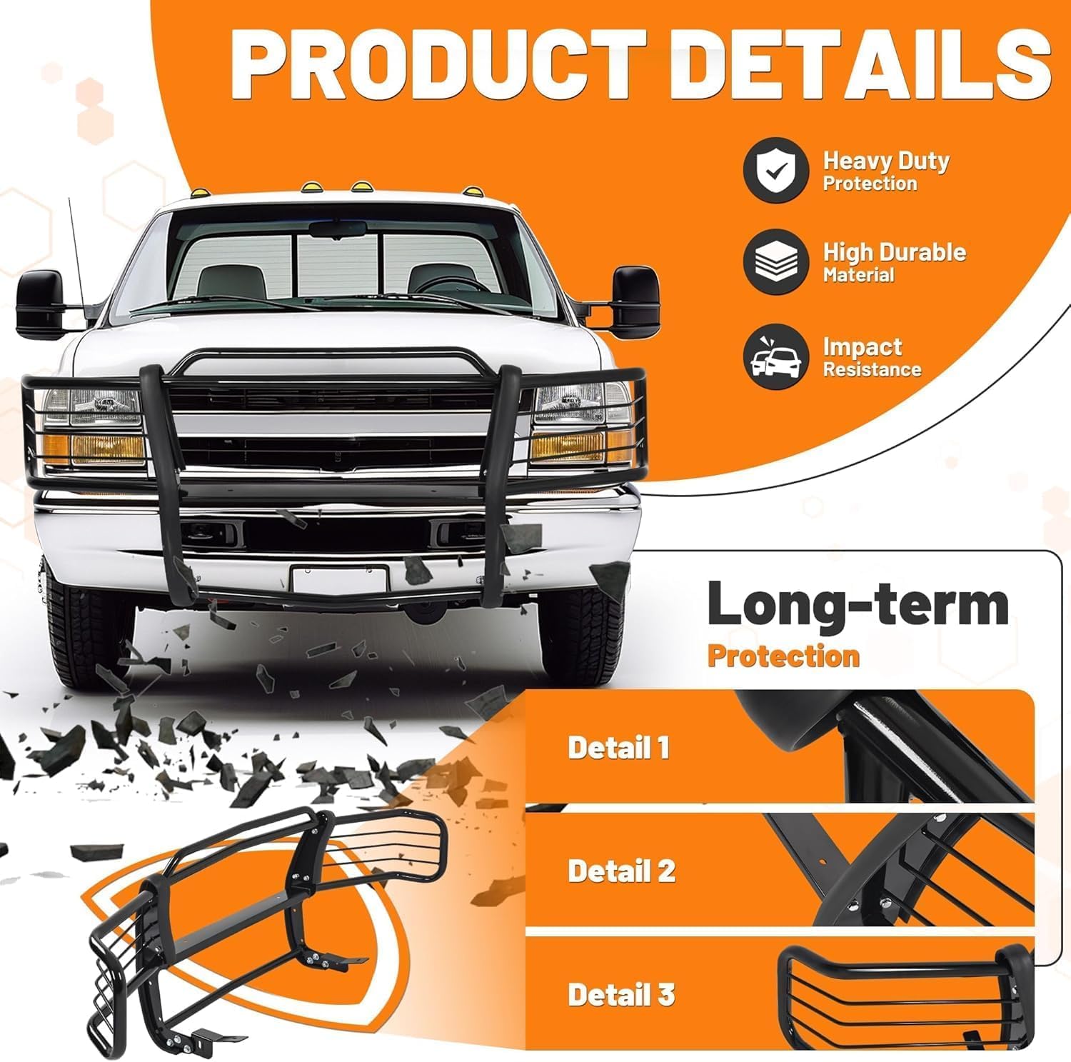 KUAFU Front Bumper Brush Guard Compatible with 2000-2002 Chevy Chevrolet Silverado & GMC Sierra 2500HD 3500HD Bumper Grille Grill Guard Impact Bar Bull Bar Steel Powder Coated Gloss Black