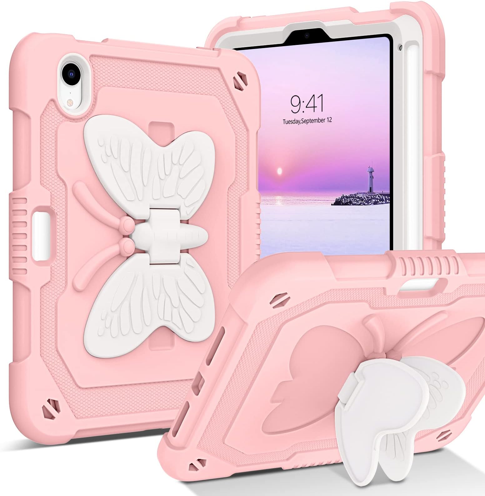 BENTOBEN for iPad mini 7 A17 Pro Case, for iPad mini 7th/6th Generation Case (2024/2021) with Pencil Holder Kickstand Heavy Duty Shockproof Bumper Protective Girl Boy Kids Tablet Cover, Pink Design