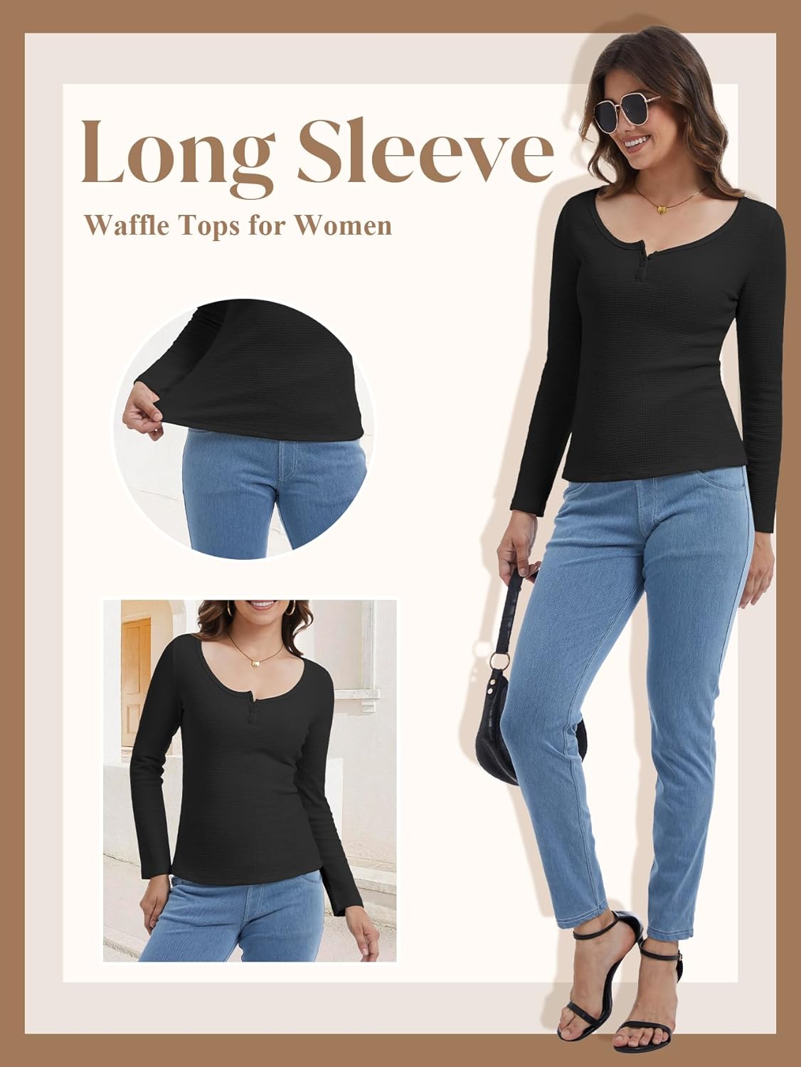 Women's Long Sleeve Waffle Knit Shirts,Crewneck Button Down Henley Tops,Casual Waffle Top Fall Winter Outfits - Image 5