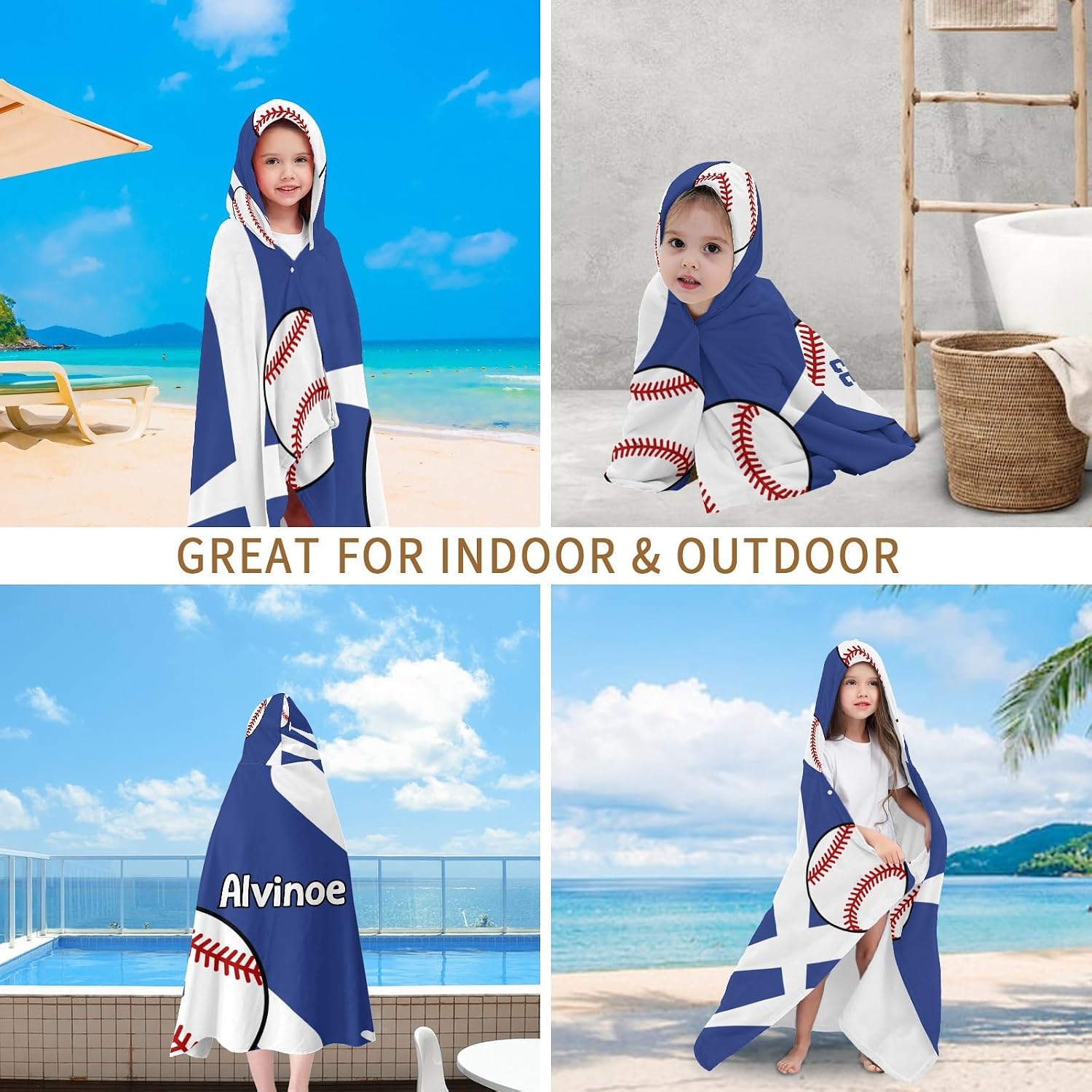 Baseball Sport Royal Personalized Hooded Bath Towel for Kids Boys Girls Wrap Soft Absorbent Hood Poncho Pool Shower Beach Towel