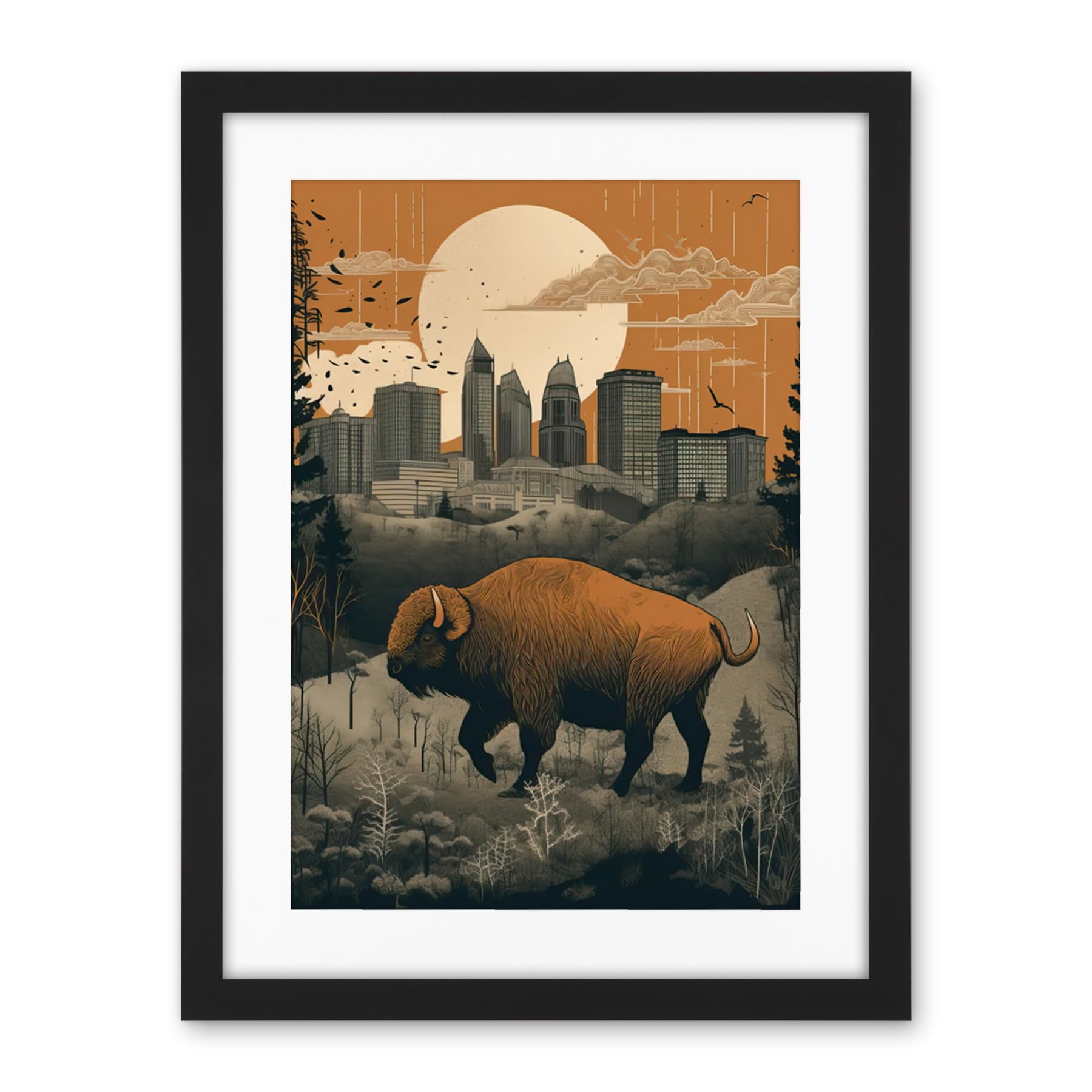 Artery8 Bison in Forest by Urban Cityscape Modern Landscape Artwork Framed Wall Art Print 18X24 Inch