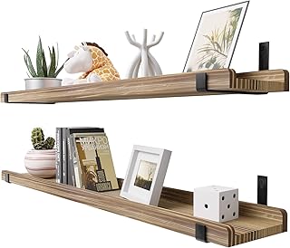 Pine Natural Wood Floating Shelves With Lip, 36 Inches Long Reclaimed Wood Floating Shelves Wall Storage, Set Of 2 U-Shaped Wooden Floating Shelf for Living Room, Bedroom, Kitchen, Carbonized Black.