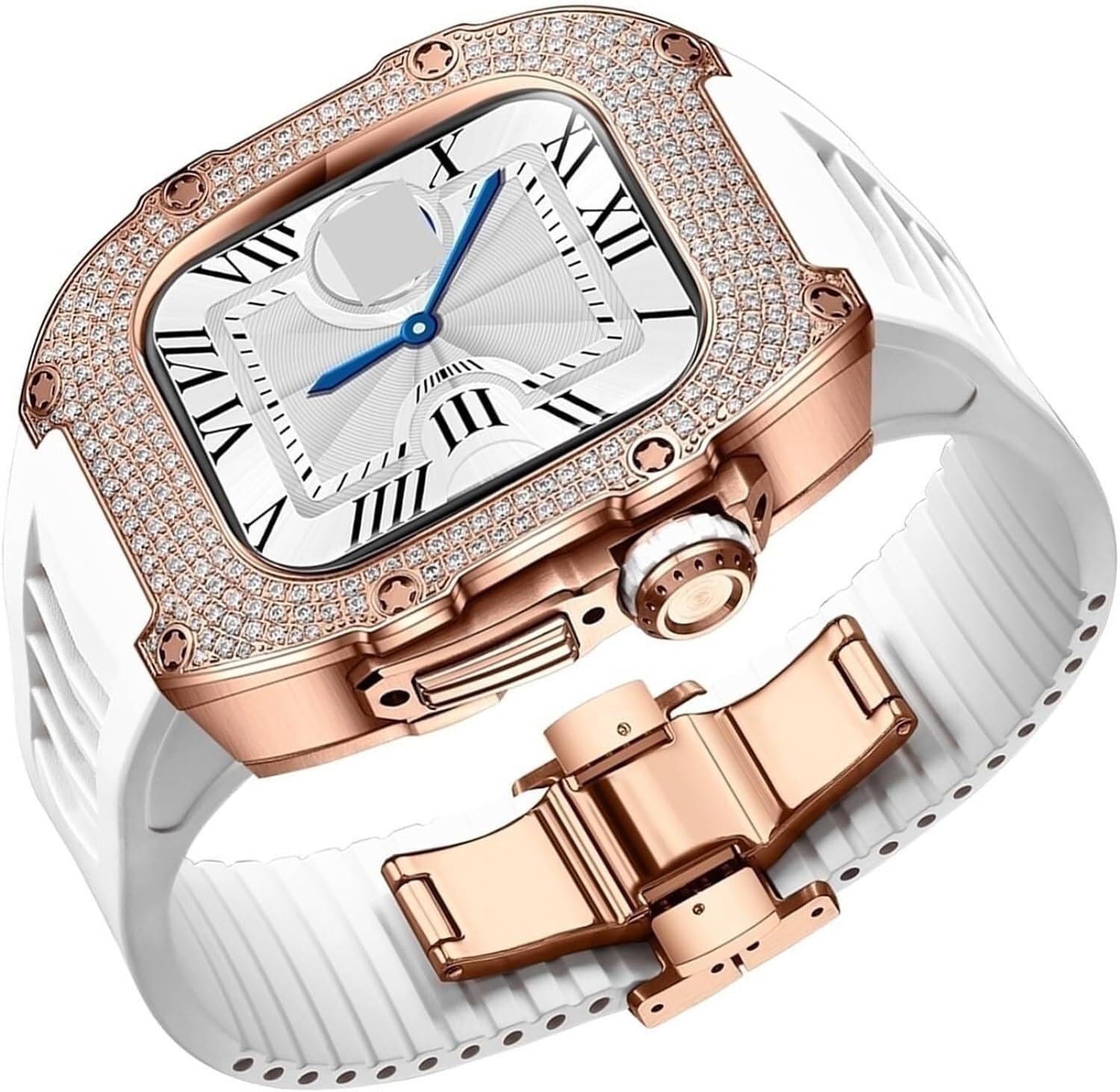 Caja de reloj de diamante + kit de modificación de correa de reloj de goma, para iWatch 8 7 6 5 4 SE, correa de reloj de negocios de moda para mujeres y niñas, para iWatch de 40 mm y 41 mm