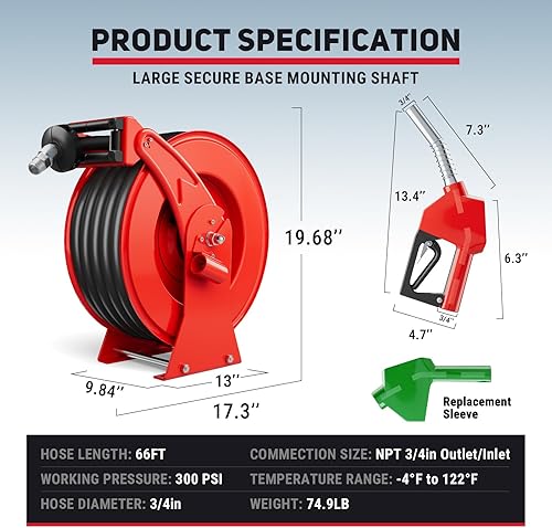 Vista 26 de Carrete de manguera de combustible diésel retráctil de 1 pulgada x 50 pies con boquilla de combustible, carrete de manguera diésel de 300 PSI