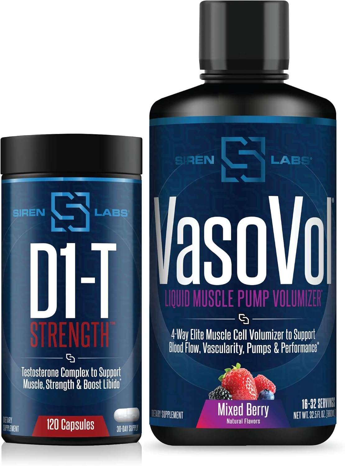 Siren Labs D1-T Strength Monster Muscle (120 Capsules) & Siren Labs Vaso-VOL Liquid Muscle Pump Volumizer (Mixed Berry)