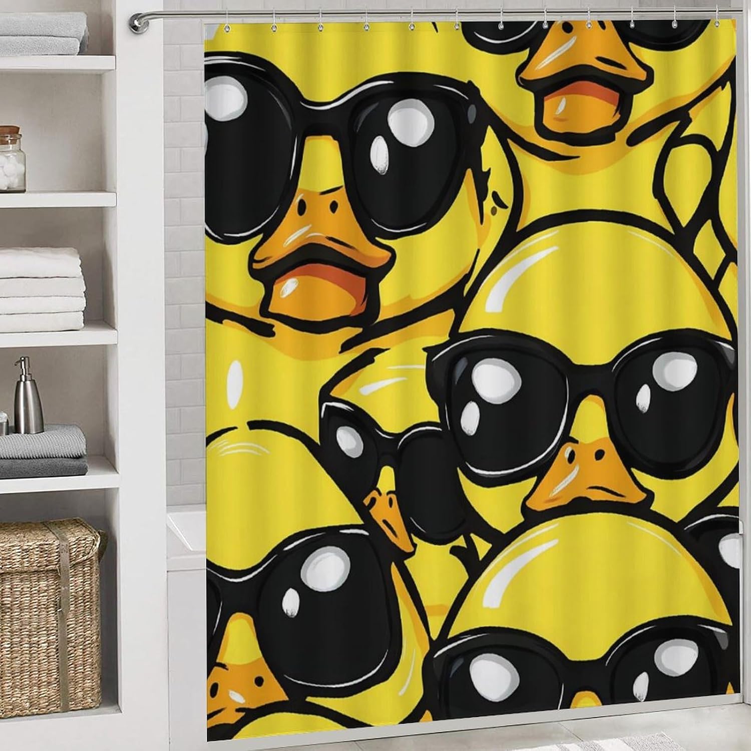 Rubber Yellow Duck with Glasses Bathroom Sets with Shower Curtain and Rugs 4 Piece with U-Shaped Floor Mat Toilet Lid Cover