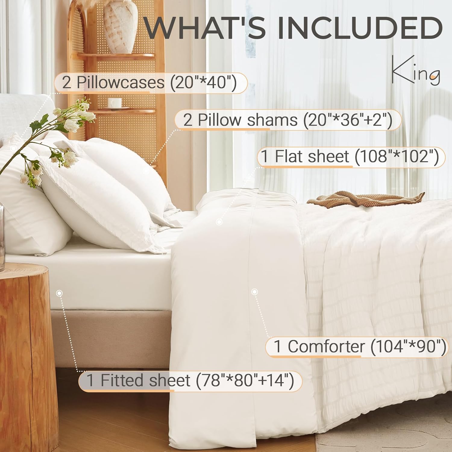 MUXHOMO 7 Pieces King Comforter Set, Seersucker Bed in a Bag King Size, All Season Luxury Bedding Set with Comforter, Flat Sheet, Fitted Sheet, Pillowcases & Shams, Ivory