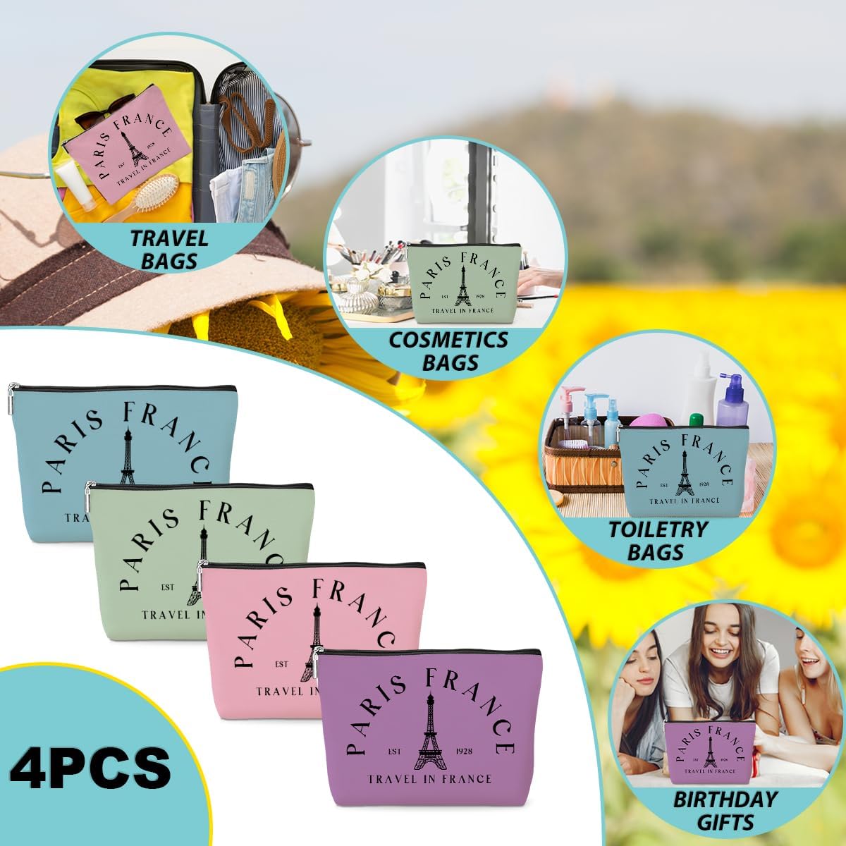 4 Pack Parisian Makeup Bag Paris Gifts for Paris Lover Travel in France Cosmetic Bag France City Toiletry Bag French Souvenirs for Women Friend Mom Sister Girls Trip Gifts Favors Christmas Birthday - Image 7