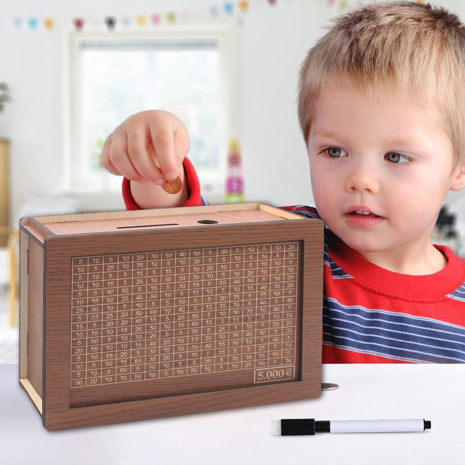 Hucha para Ayudar a Los Niños a Desarrollar el Hábito de Ahorro,Hucha Madera con Objetivos de Ahorro y Cifras para Comprobar,Hucha con Contador para Decorar de Madera -5000 €