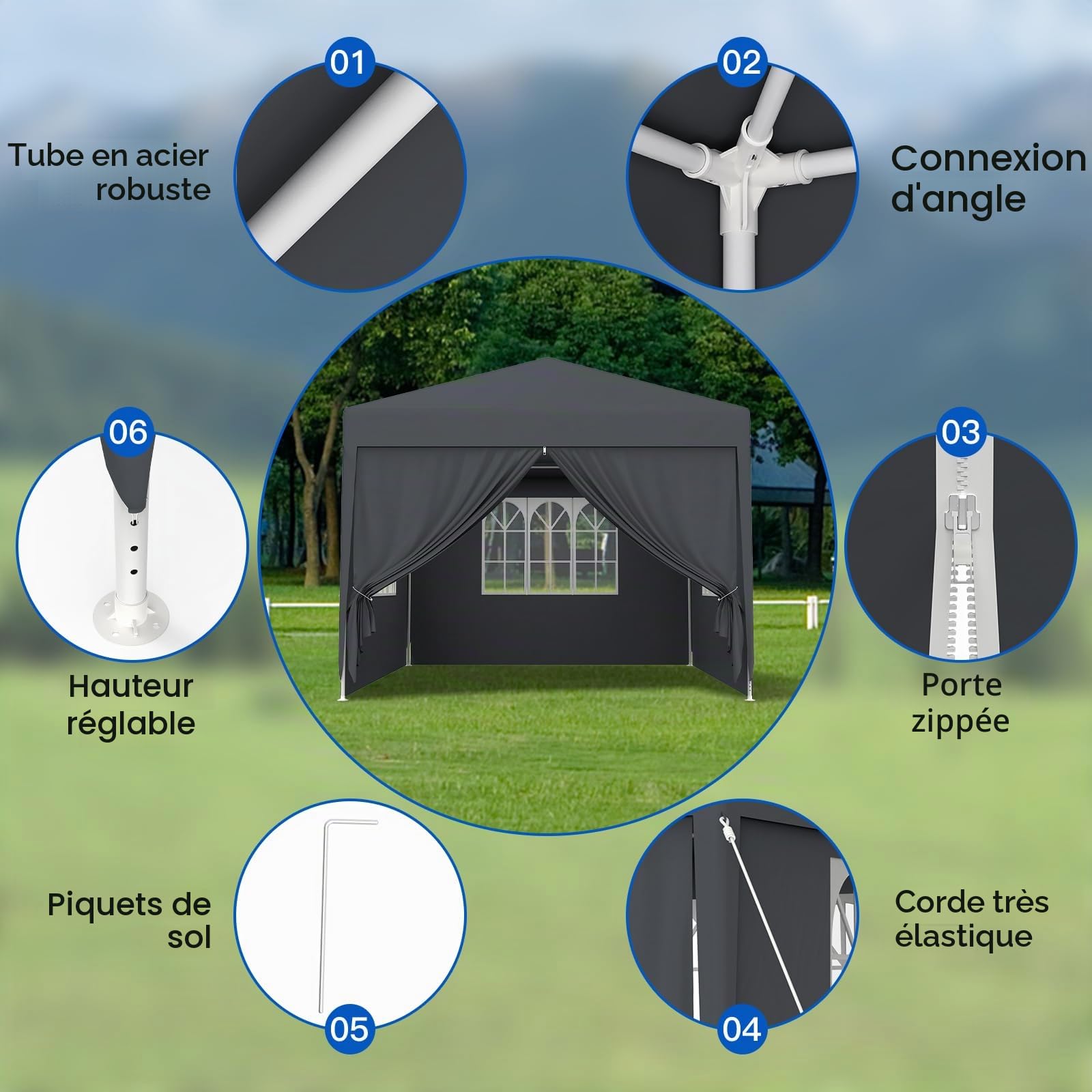 Kuro sagol Tonnelle de Jardin 3x3M,Tente Réception,Tente de Campingavec Fenêtres、Parois Latérales，Imperméable,Anti UV，Résistant au Vent Auvent,Barnum pour Camping Festival Plage,Anthracite