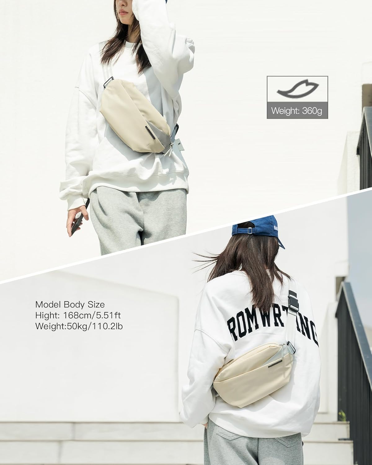 Inateck Sling Bag X, Multi-pocket Crossbody Shoulder Chest Bag with Adjustable Shoulder Strap, Water-resistant Waist Fanny Pack for Men, Women, Travel, Daily Use, Cycling, Hiking, Beige, Large