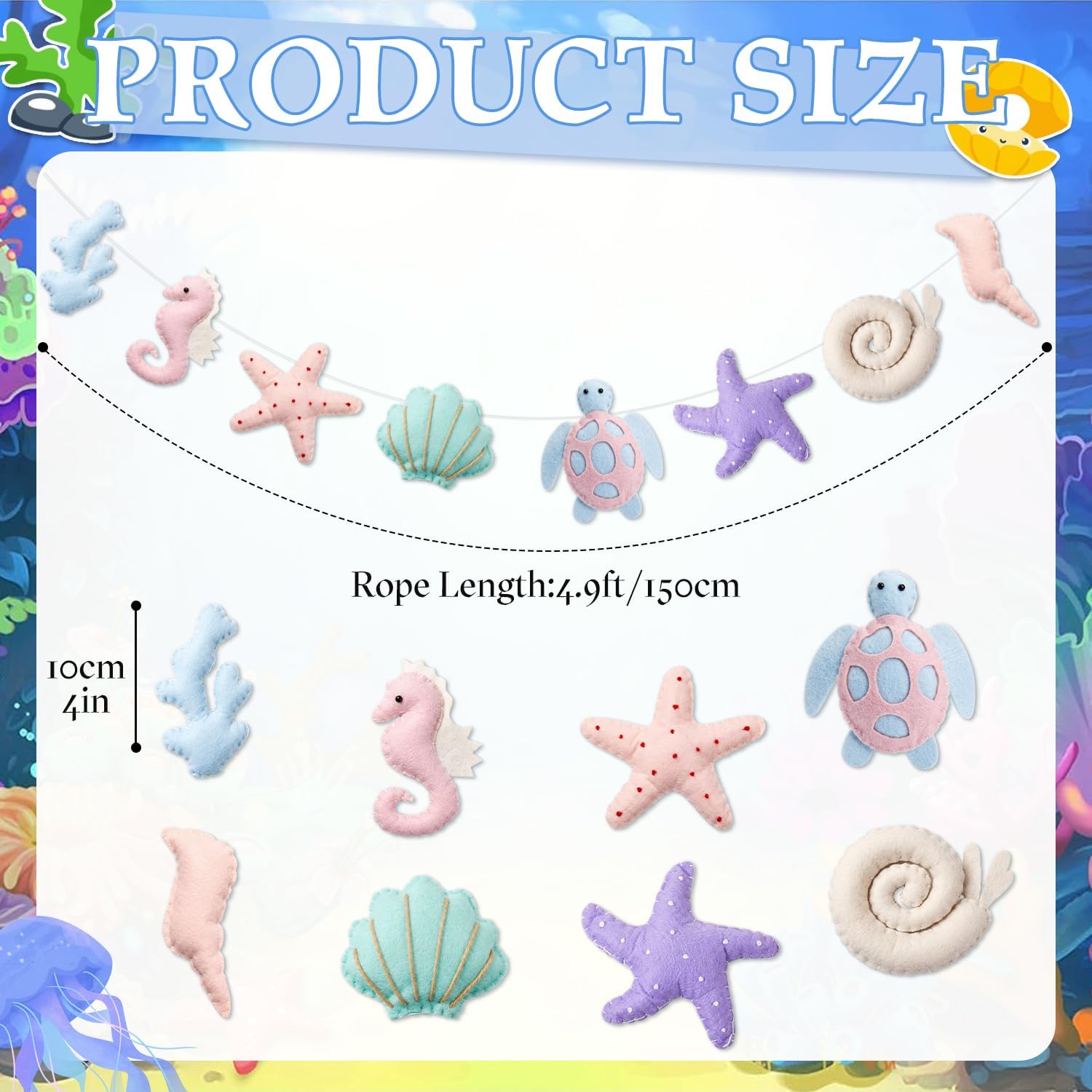 SmoothNovelty Under The Sea Decorations for Home, Seashell Felt Garland 4.9 ft Handmade Beach Starfish Sea Life Hanging Banner for Ocean Coastal Nautical Mantle Fireplace Mermaid Birthday Party Decor