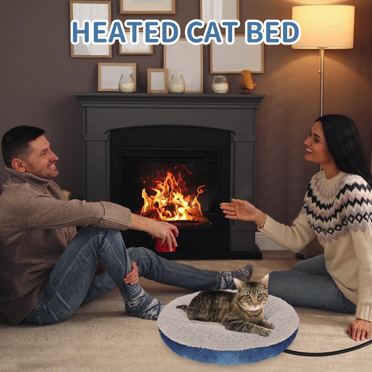 Heated Cat Beds for Indoor Cats Warming Cat Beds Super Soft Machine Washable Thermo Kitty Electric Heating Bed 19 Inches Round