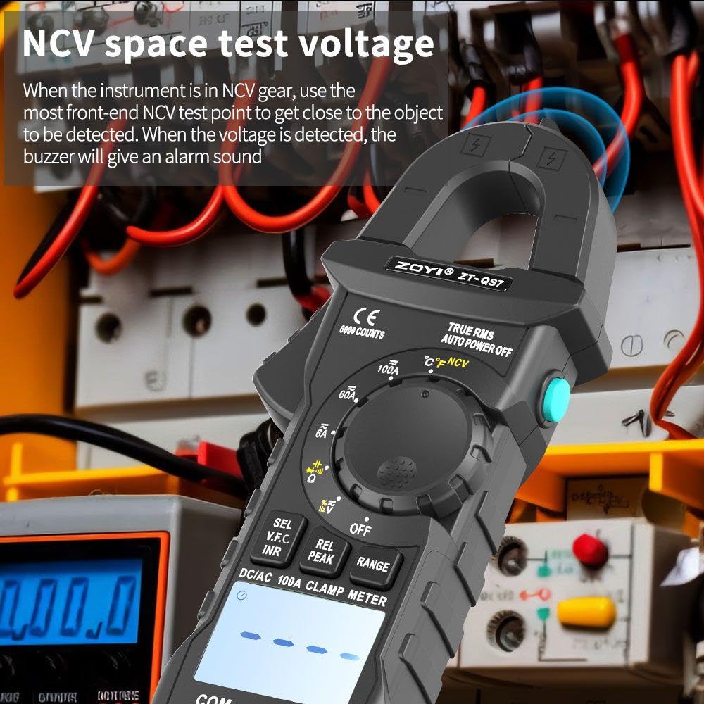 ZOYI ZT-QS7 Clamp Meter performing NCV detection near electrical wires