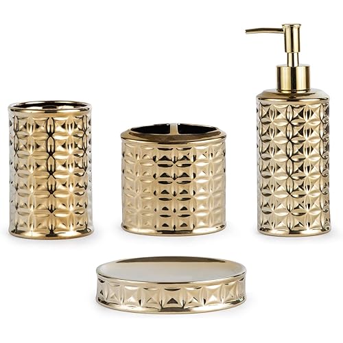 Gold Bathroom Accessory Set, 4-Piece Ceramic Bathroom Decorations Accessories Sets Includes Lotion Dispenser, Toothbrush Holder Tumbler and Soap Dish