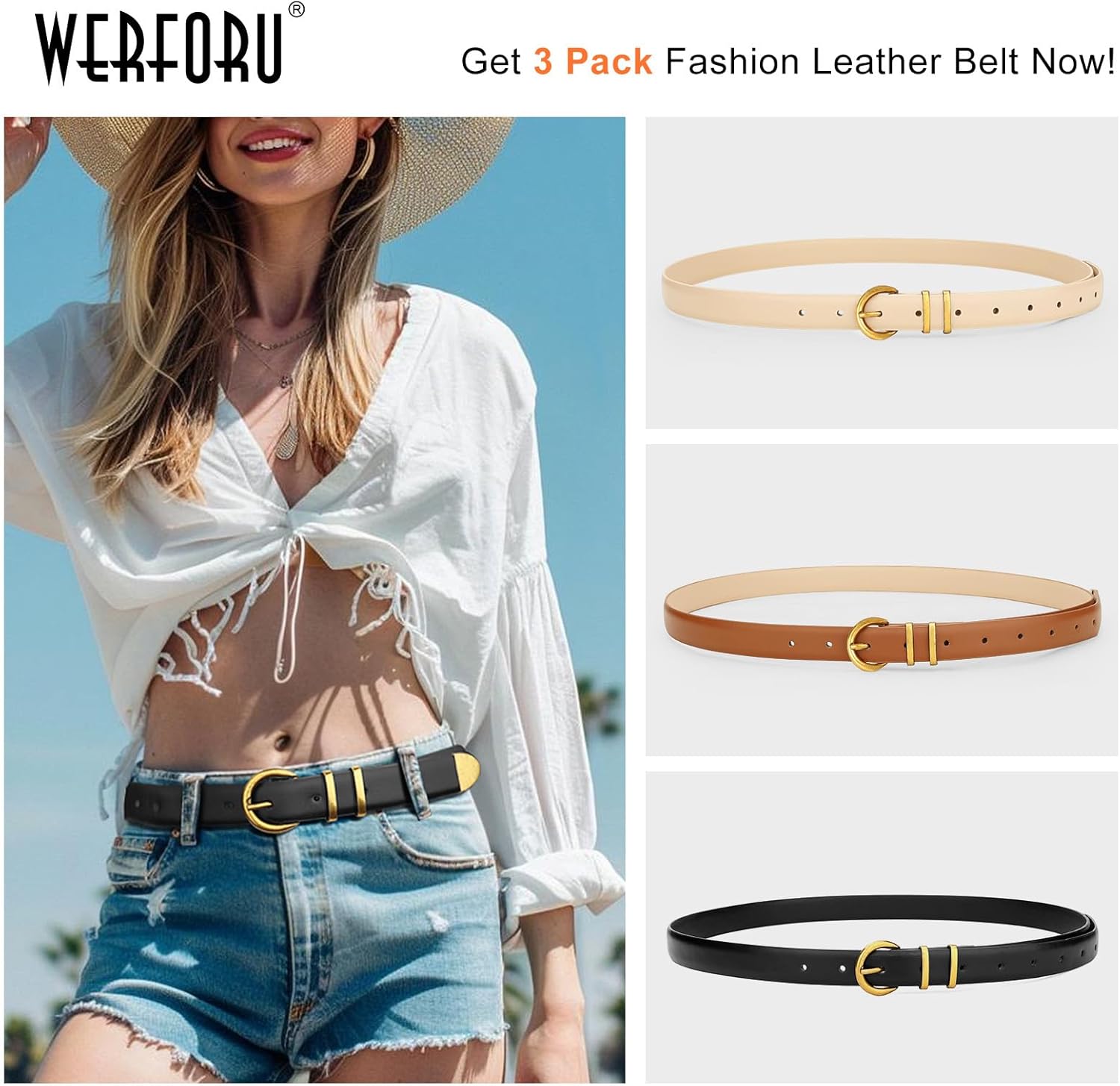 WERFORU 3 Pack Women's Skinny Leather Belts for Jeans Dress Ladies Vintage Waist Belt with Gold Silver Buckle - Image 4