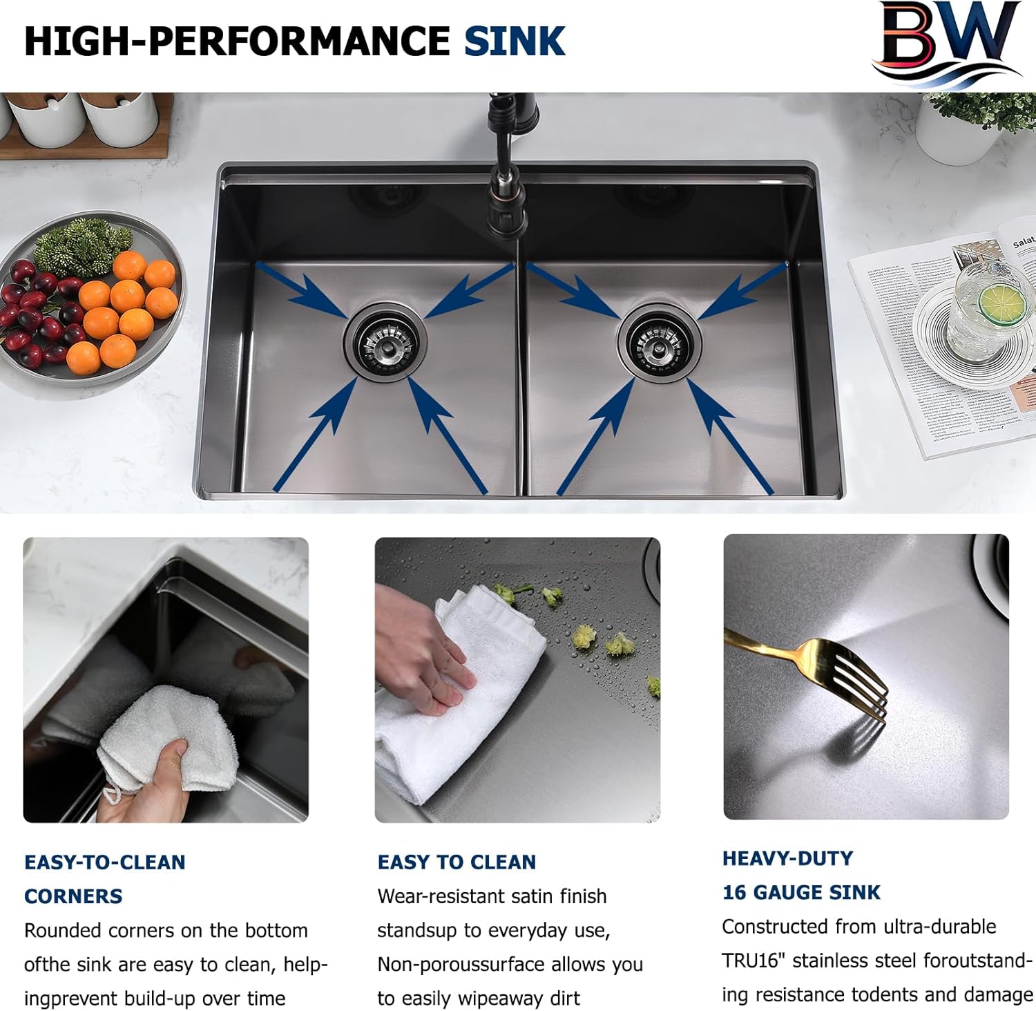 33 Inch Black Double Bowl Kitchen Sink Undermount- 16 Gauge Stainless Steel Undermount Workstation Kitchen Sink Double Bowl 50/50, 33x19 Inch