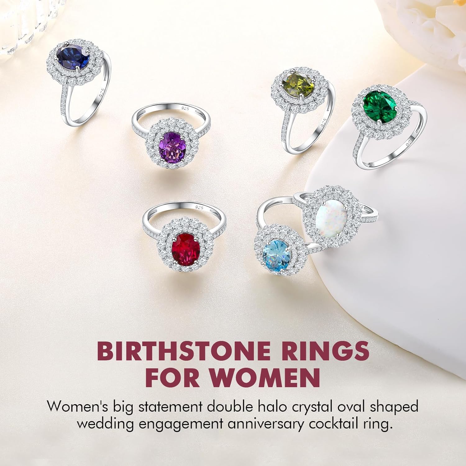 DAYBYDAY Oval Birthstone Rings for Women, 925 Sterling Silve Ruby/Sapphire/Emerald Double Halo Engagement Wedding Ring, 3ct-4ct Big Cockatil Rings - Image 5