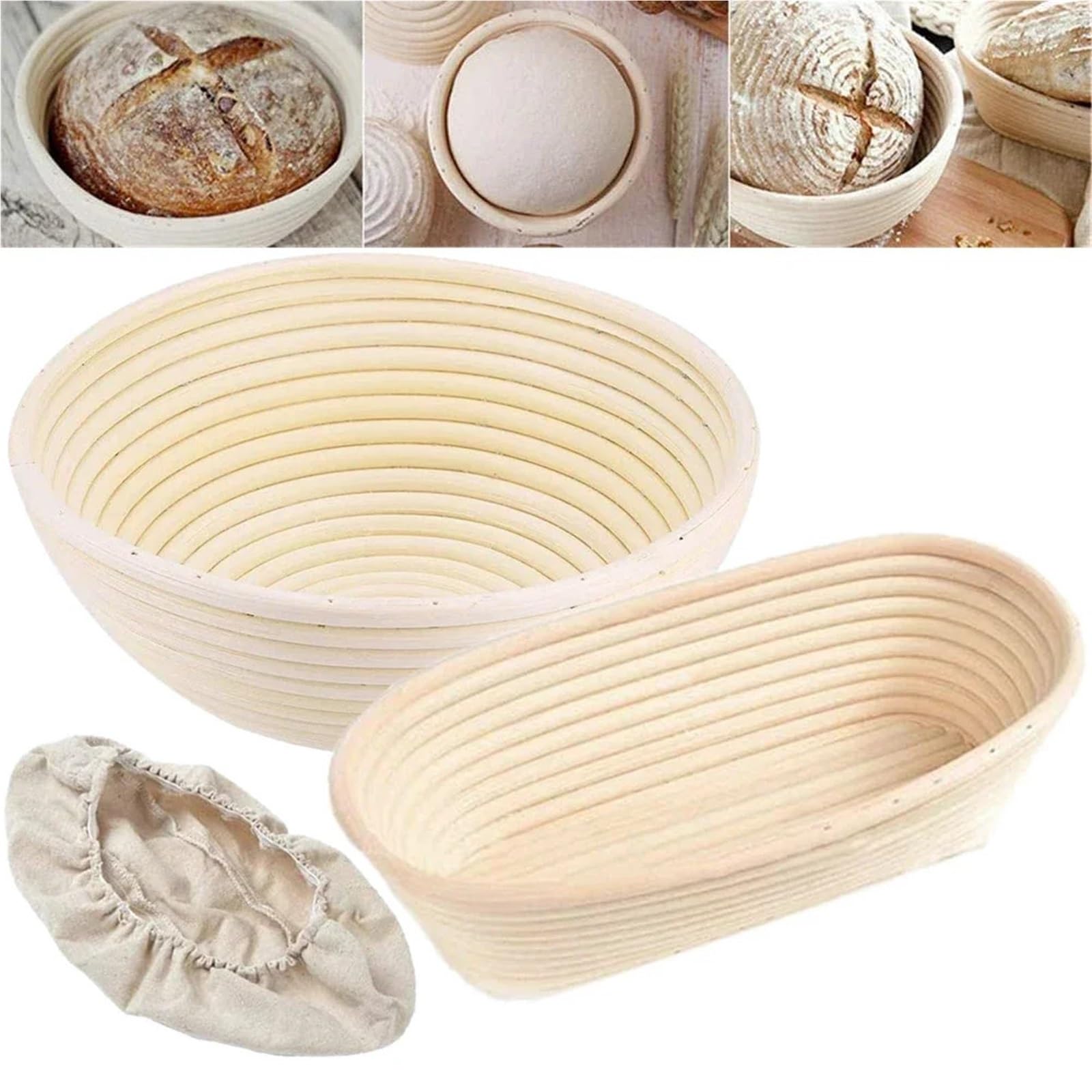 Cestas Fermentación Cesta de fermentación de mimbre Natural ovalada redonda con revestimiento, cestas de prueba de masa de mimbre for masa de pan, herramientas for hornear(Oval 21X15X8cm Cover)