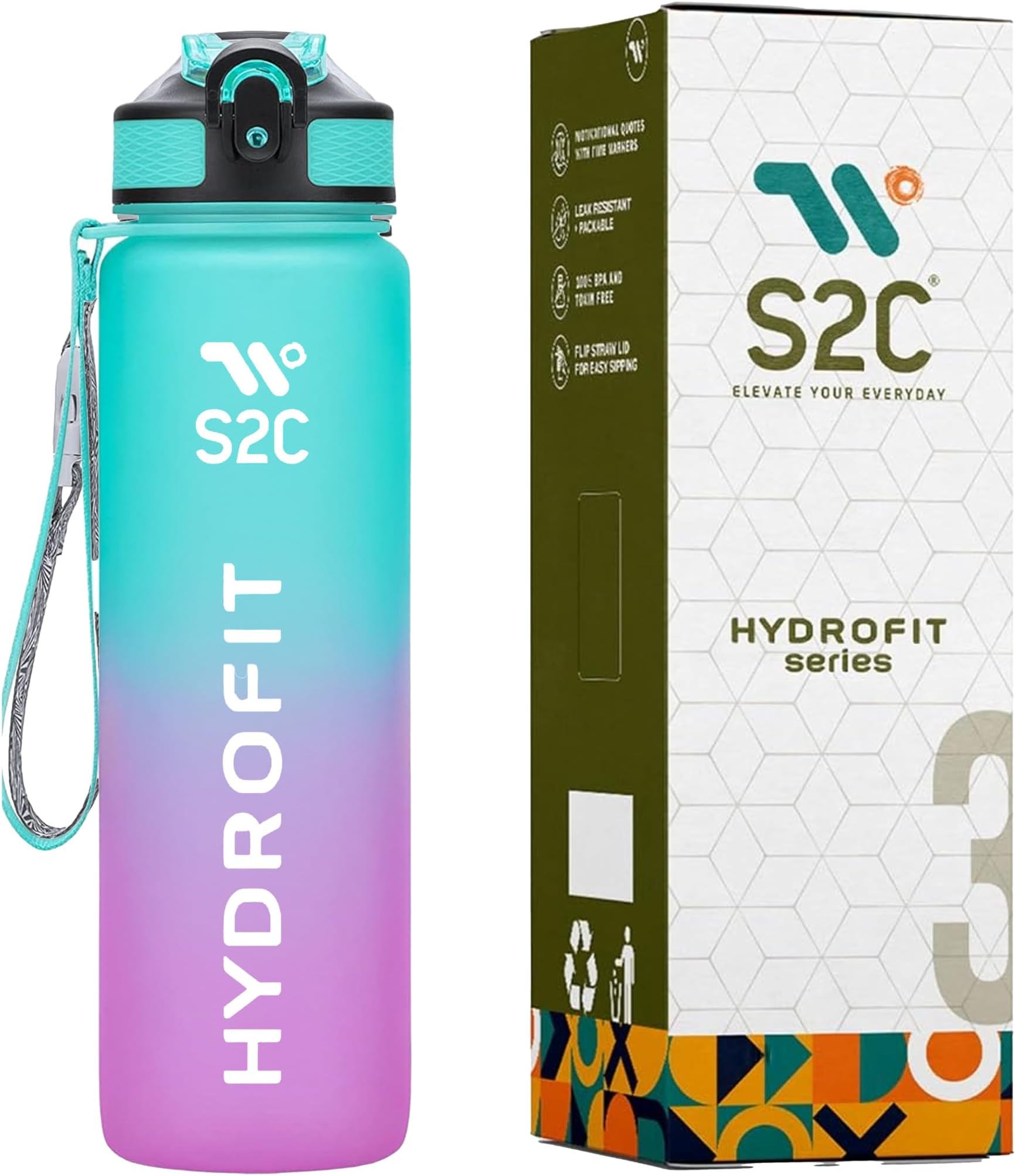 S2C -1L Motivational Water Bottle for Gym & School - Leakproof, BPA-Free, with Time Markers - Perfect for Men, Women, and Kids - Hydration Tracker, Inspirational Quotes, Durable Design (GREEN&PINK)
