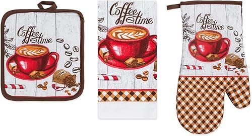 PREMIUS Juego de ropa de cocina estampada Coffee Time de 3 piezas, 1 toalla de algodón, 1 agarradera, 1 guante de horno con lazo para colgar,