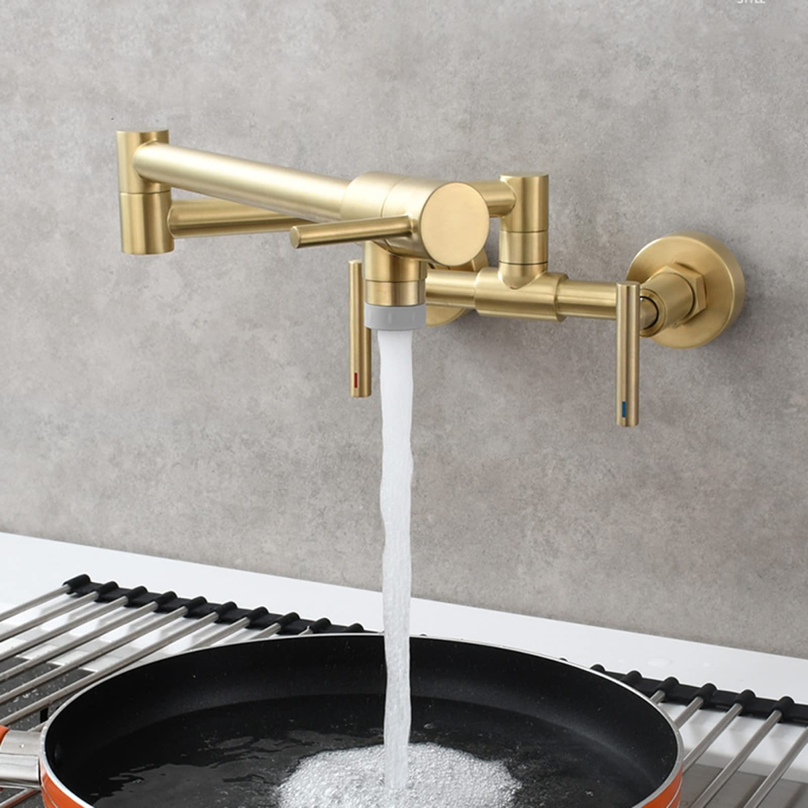 Robinet de cuisine pliable noir pour grand évier, mitigeur mural double commande pratique