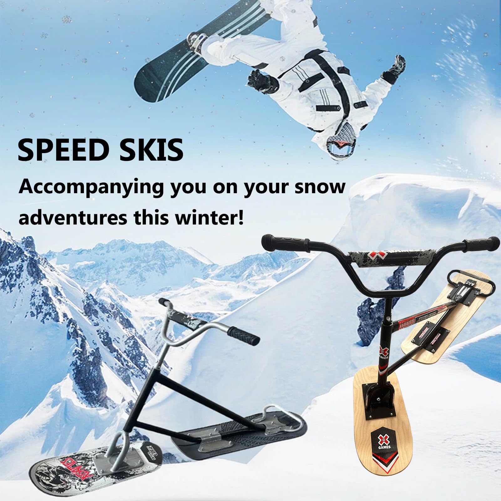 Scooter da Neve/Slitta da Snowboard Professionale, Adolescenti E Principianti Sci Rotanti A 360°, per Adulti con Sci Posteriori Rotanti E Anima in Legno A5 Black