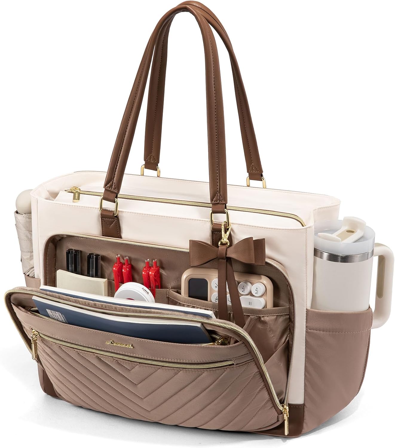 LOVEVOOK Laptop Tote Bag for Women, Work Bag Teacher Tote with Large Cup Holder, Quilted Nurse Diaper Bag for Travel, College Computer Women's handbags for Teacher gift, Khaki-beige-coffee, 15.6 Inch