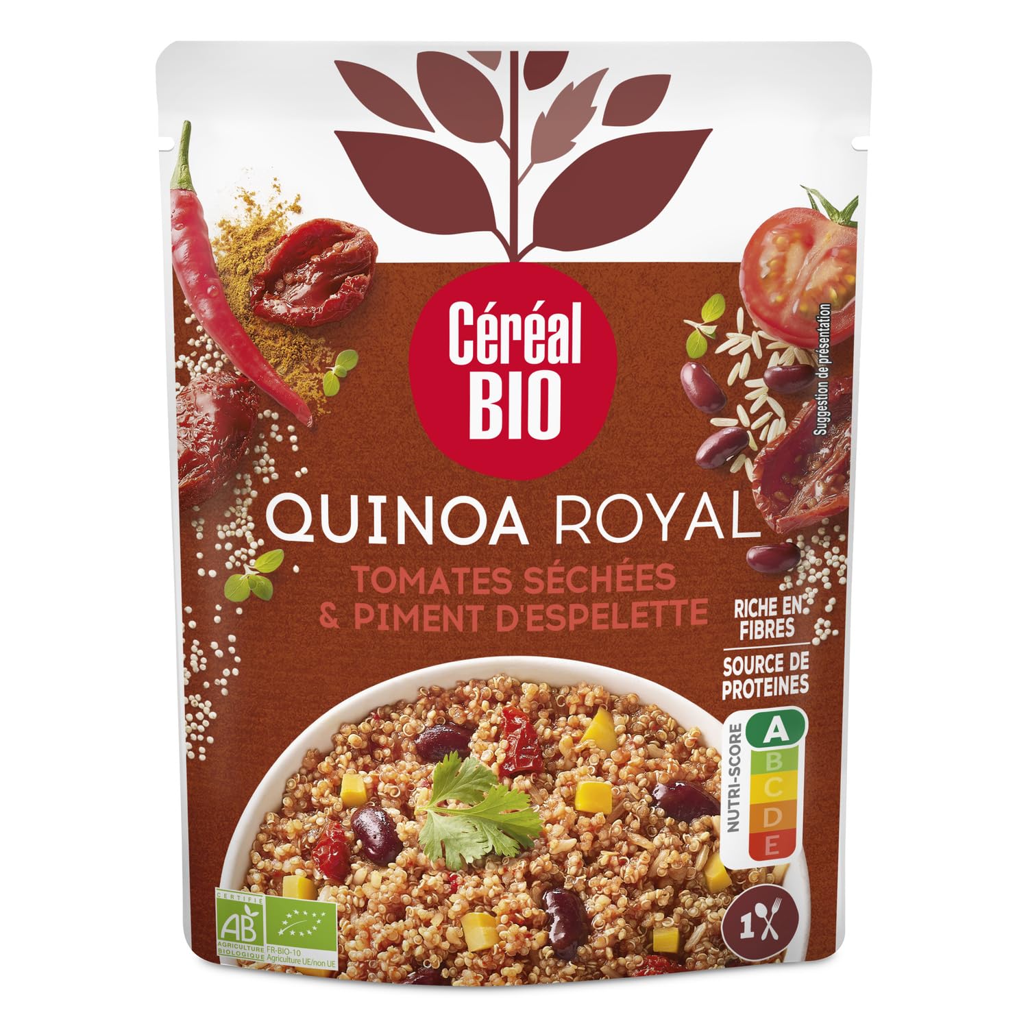 CEREAL BIO Quinoa Royal tomates séchées et piment d'Espelette bio, 220 g — recette authentique aux grains volumineux et goût délicatement relevé - Lot de 4
