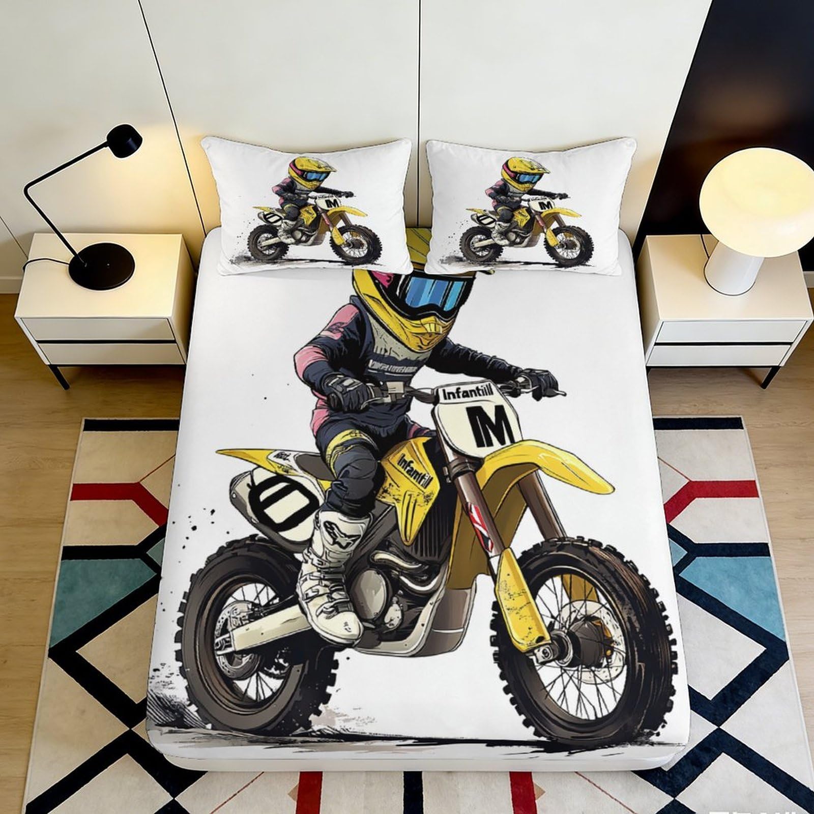3D Printed Motocross Racer Fitted Sheet Microfiber Soft Yellow Dirt Bike Bed Cover for Kids Teens Adults Bedroom Decor 140x200x25cm