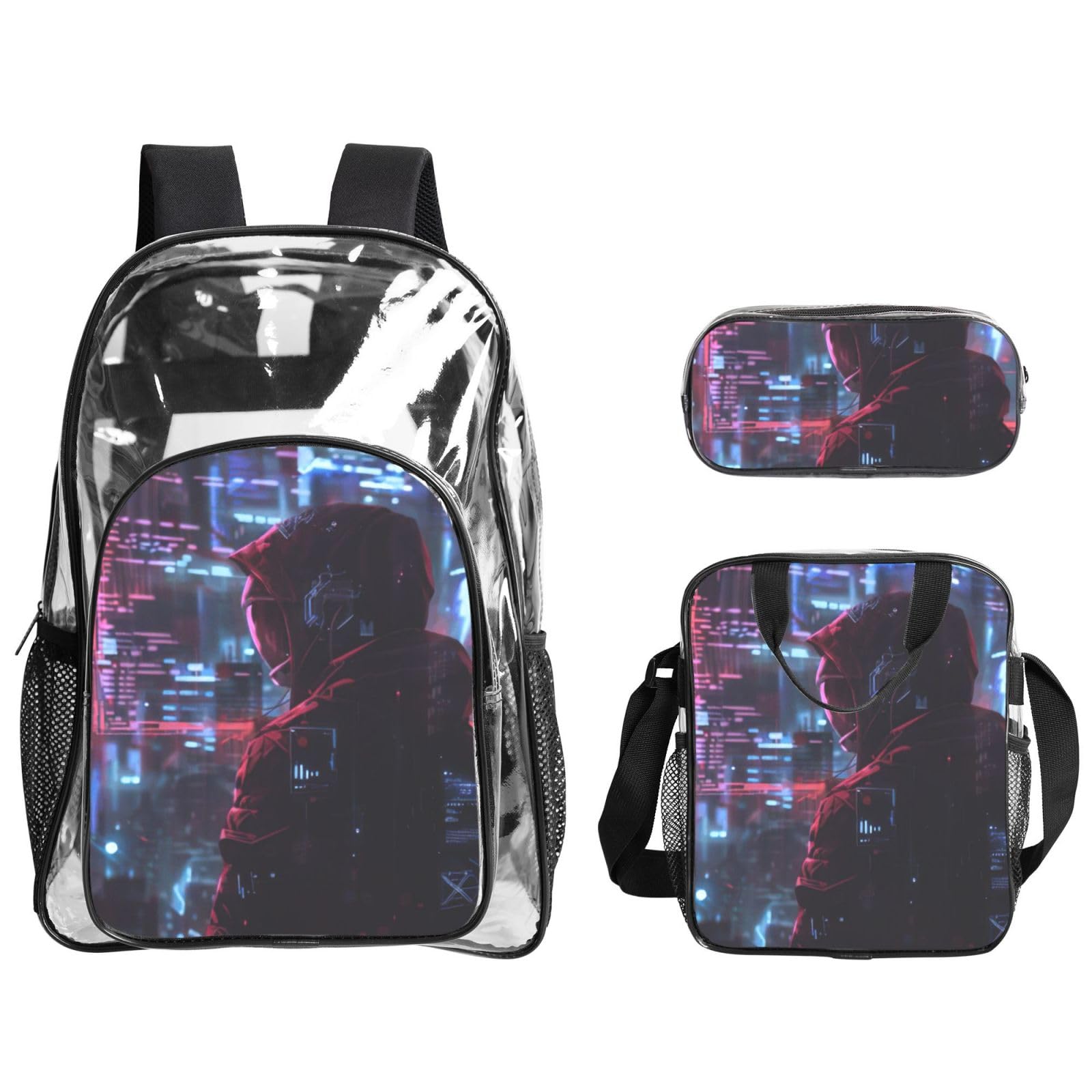 Hacker Era Print 3-teiliges transparentes Rucksack-Set für Reisen, Outdoor-Abenteuer, Urlaub, transparente Tasche