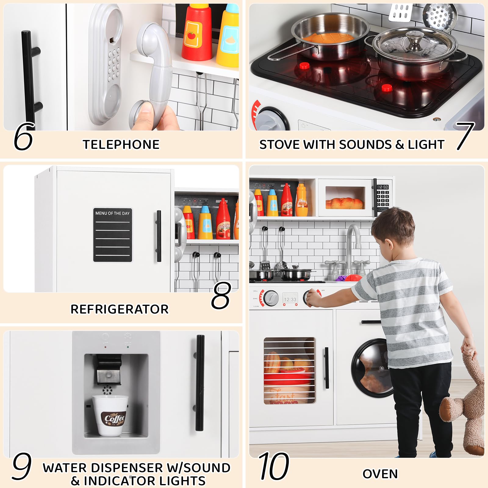 Clevich Kinderküche Holz für Kinder Kinderzimmer, Kita, Geburtstag MDF mit Waschmaschine, Eismaschine, Herd, Spüle, Mikrowelle, Backofen, Telefon, Sound Licht Spielküche, Weiß 82x80x25 cm