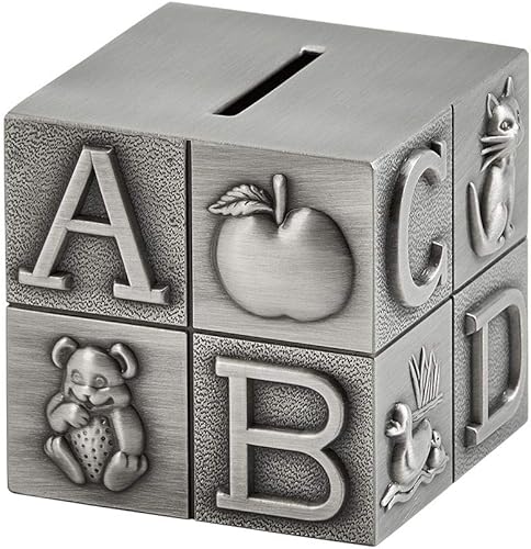 Creative Gifts International Banco de bloque ABC de peltre para niños, regalo para recién nacidos, plata, 3 x 3 x 3 pulgadas, acabado mate chapado
