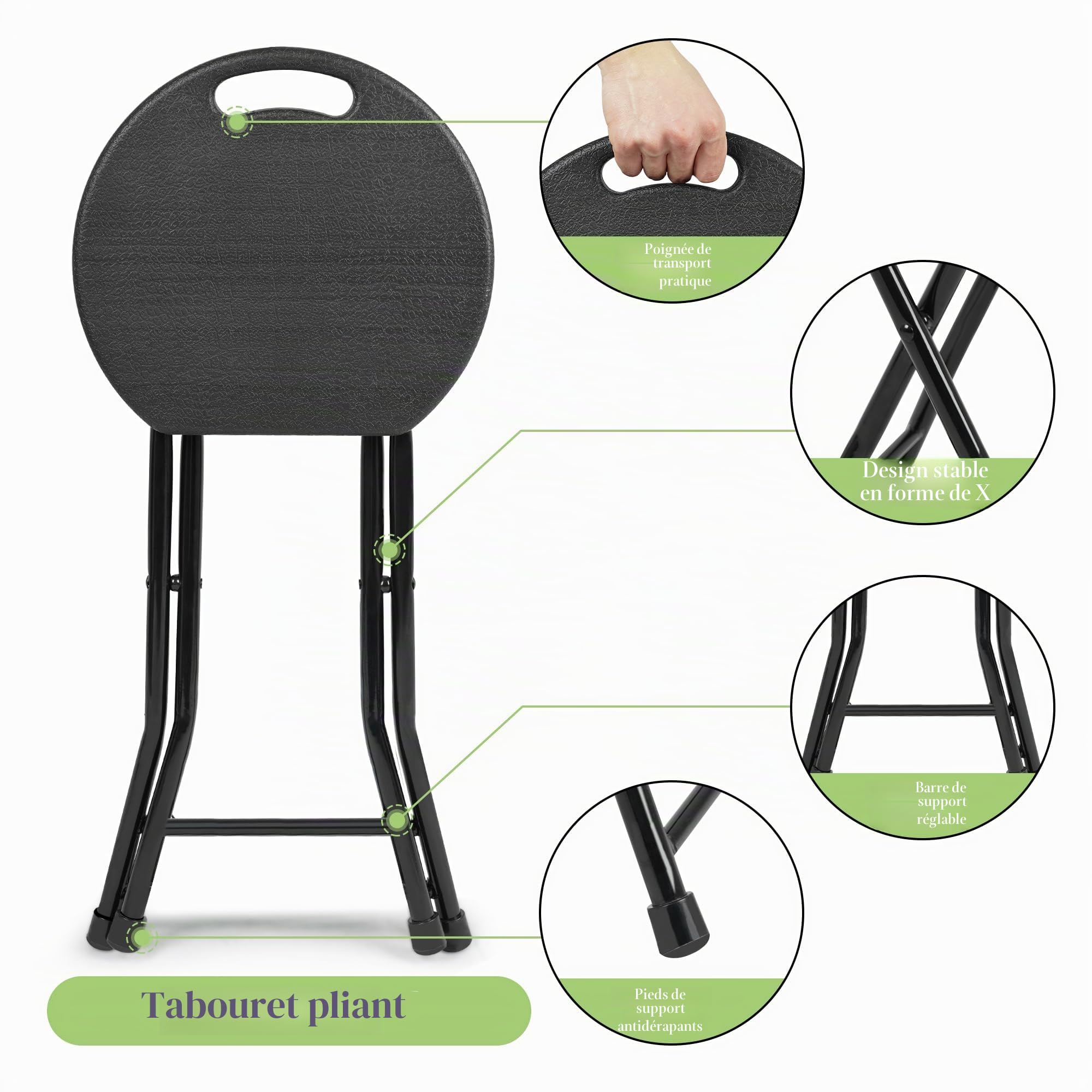 Tabouret pliant de qualité supérieure - Charge maximale : 250 kg - Tabouret pliable portable avec poignée de transport - Tabouret léger et durable avec pieds antidérapants - Pour jardin, intérieur