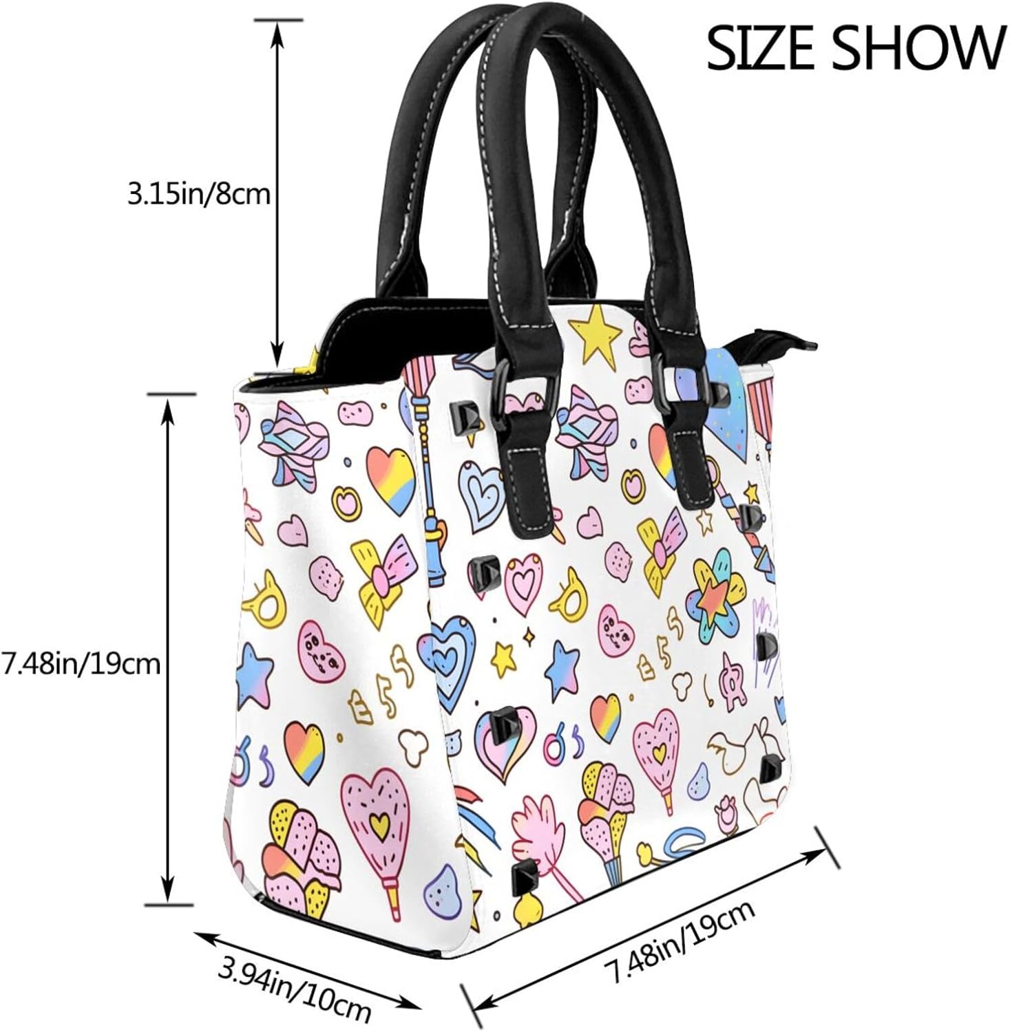 Leather Shoulder Bag for Women, Rainbow Heart Studded Purse Cute Sketch Star Crossbody Handbags Punk Hobo Bag with Adjustable Strap
