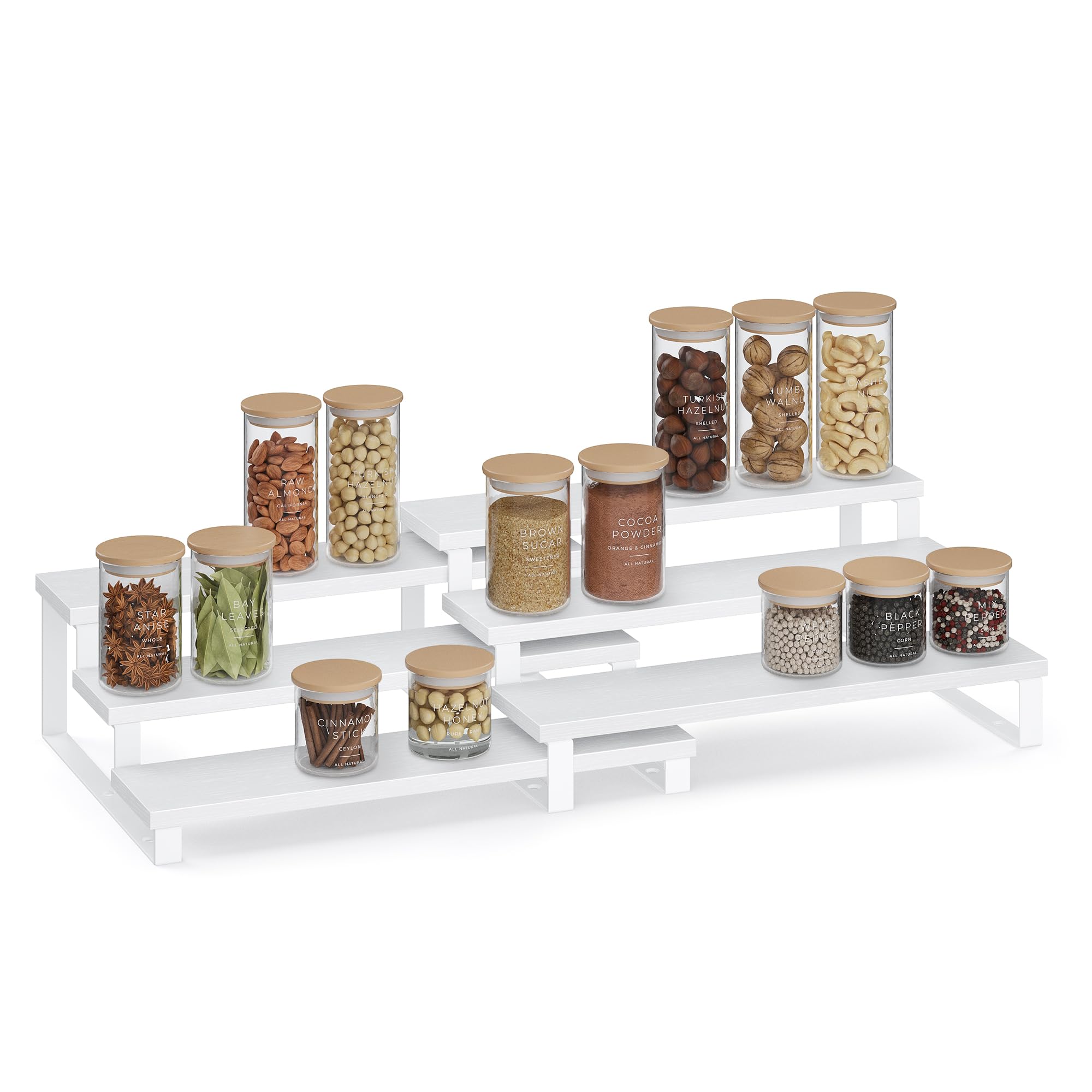 SONGMICS Spice Rack, Set of 2 Cabinet Shelf Organisers, 3-Tier Extendable Spice Holder, Engineered Wood, Stackable, for Pantry, Cupboard, Countertop, Snow White and Cloud White KCS116W01