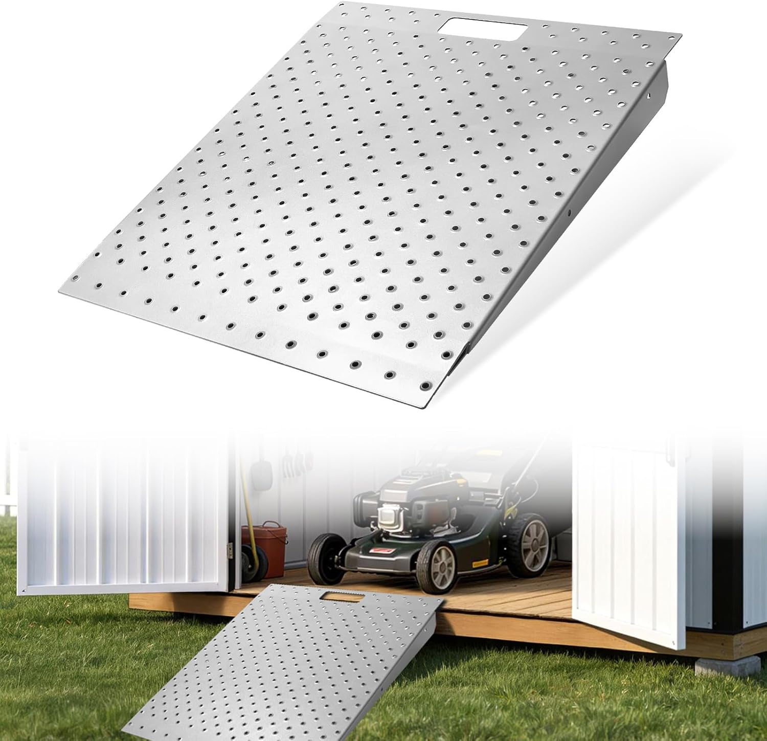 Kryonix Shed Ramp for Riding Mower, 1000LBs Heavy-Duty Capacity Shed Loading Ramp, 29" L x24 W Anti-Slip Metal Punch Plate Ramps for Sheds, Garden Cart, Motorcycles, Garages & Barns(1pc)