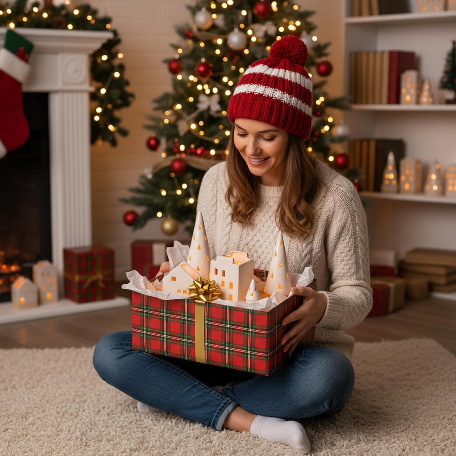 6 PCS Ceramic Christmas Trees and Houses Decoration Set - White Ceramic House & Pine Tree Tealight Candle Holders Farmhouse Winter Holiday Village Accessories for Xmas Tabletop Mantle