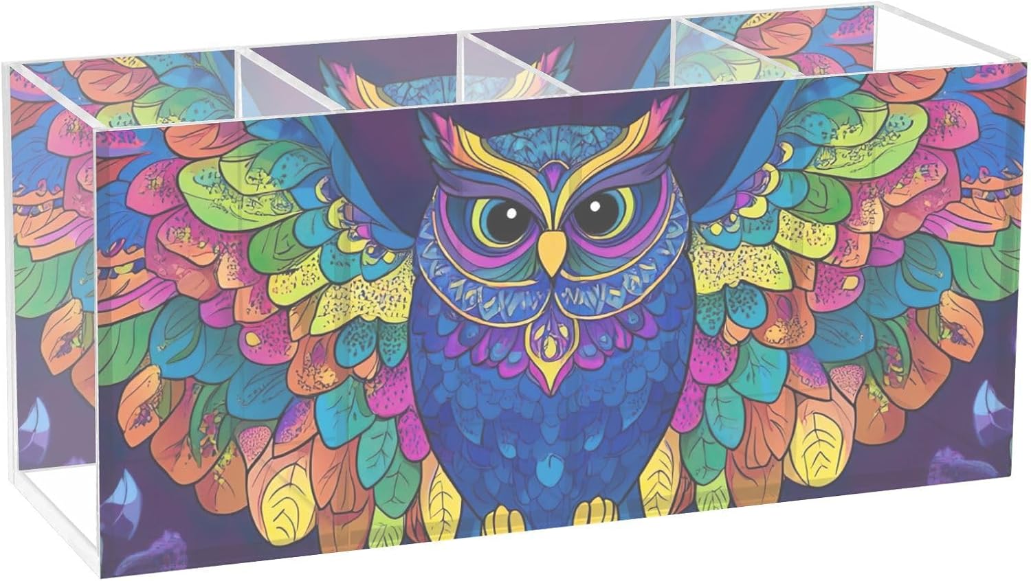Desk Organizer Pen Holder, Office Supplies Organizer, 4-Compartment Desktop Storage Box for Dorm Room, Colorful Mandala Owl