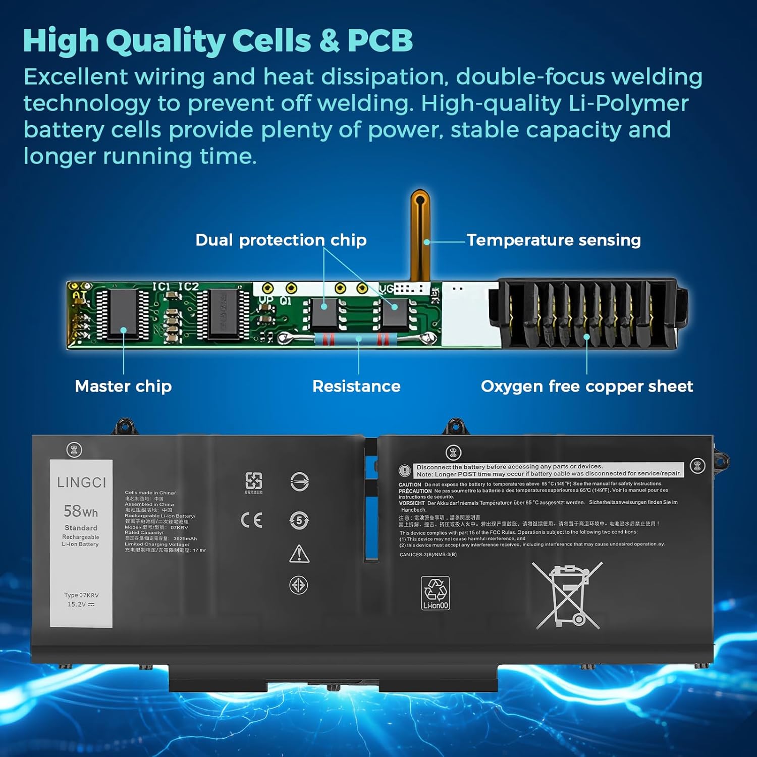 07KRV Laptop Battery Replacement for Dell Latitude 5530 5430 Precision 3570 P137P P104F Y86WG M69D0 P137G004 P137G005 P137G006 H4PVC 078FWY 4FVJG 3625mAh 58Wh 15.2V Li-Polymer