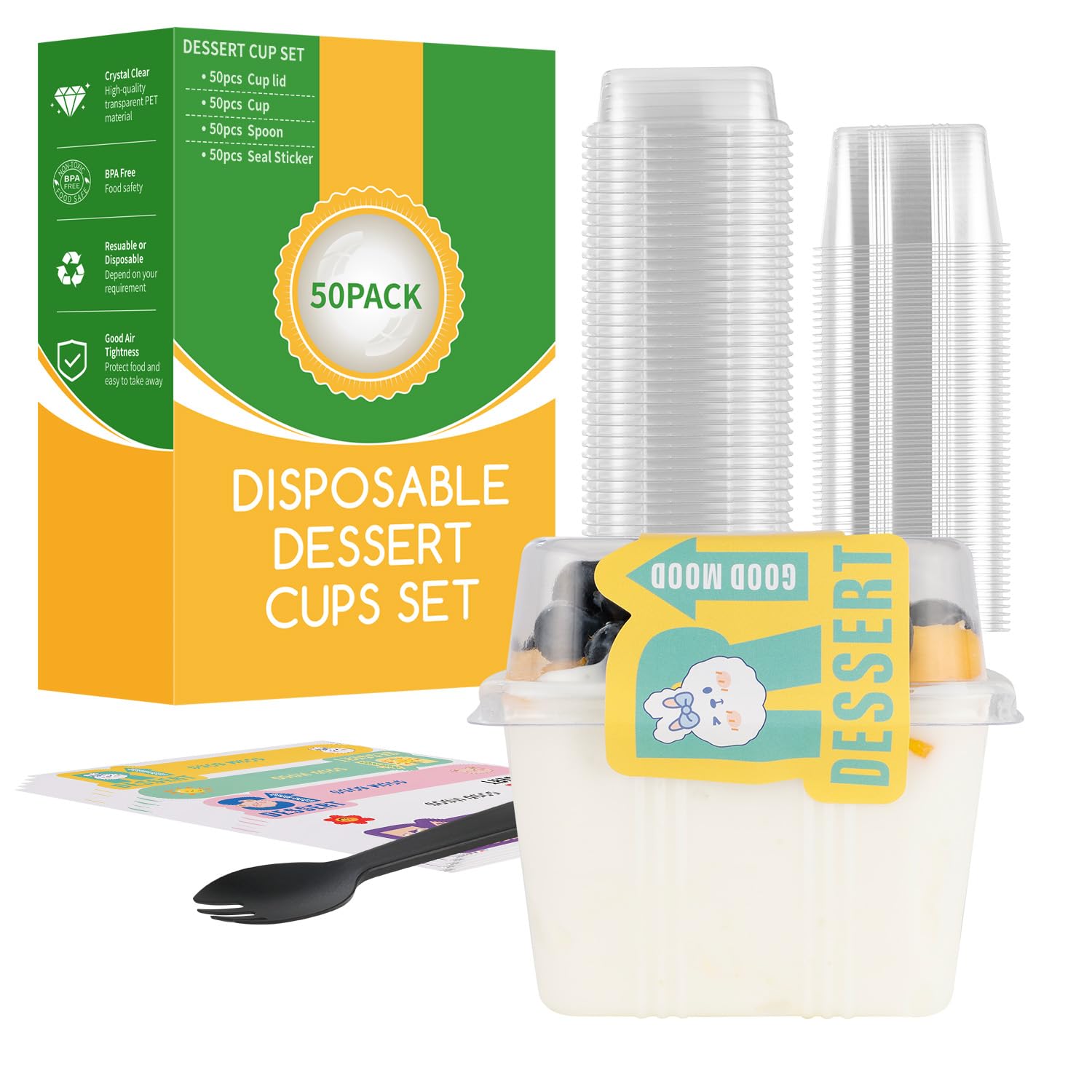 PIPITA 50pcs 8oz Square Clear Dessert Cups with Lids and Spoons, Reusable Mini Dessert Cup, Serving Cups for Fruit Cake Snacks Yogurt Cold, Pudding Party Desserts Father's Day