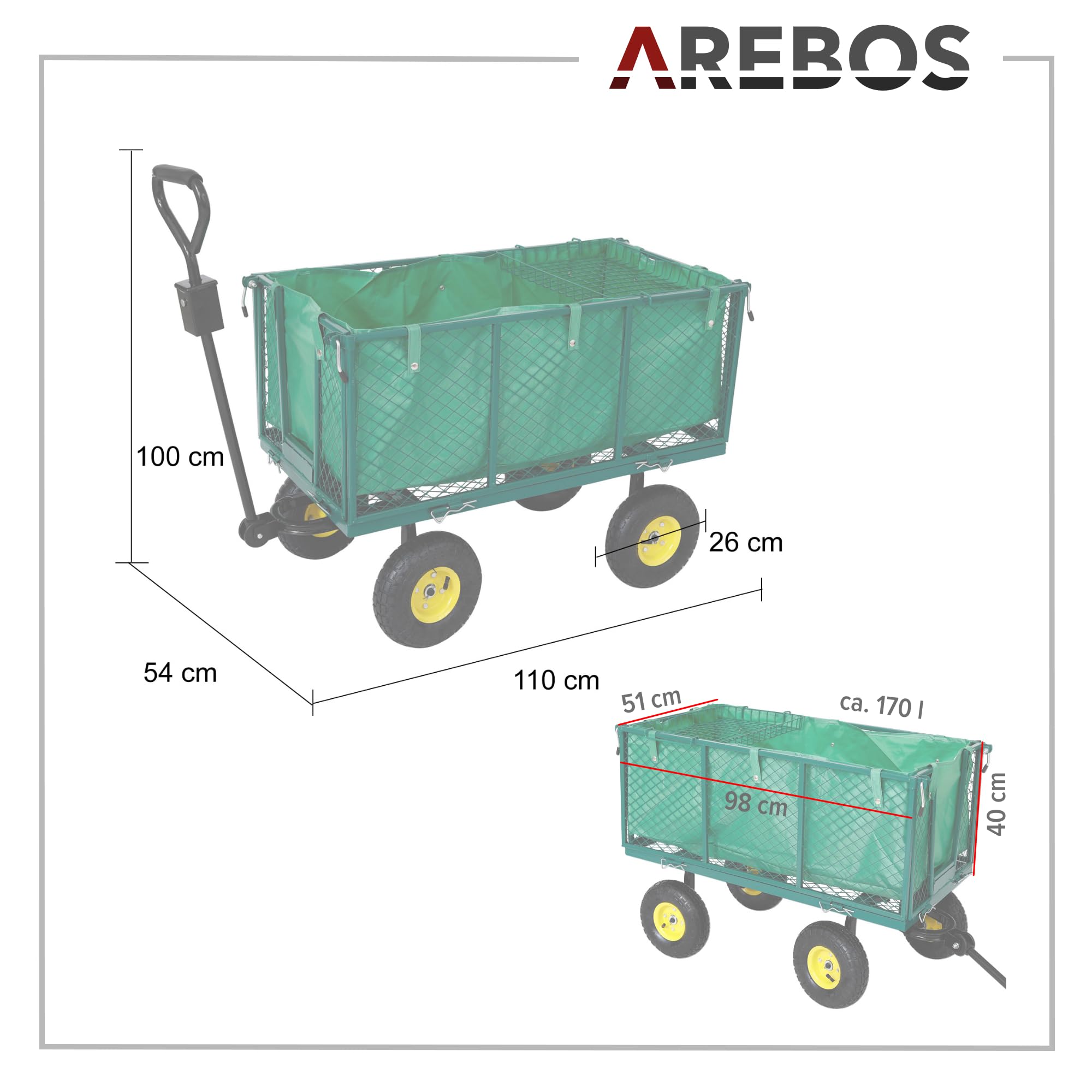 Arebos Bollerwagen | Gartenwagen | mit Profilreifen | 550kg belastbar | faltbar | grün | herausnehmbare Plane | kugelgelagerte Stahlfelgen | inkl. Handgriff & Deichsel | Plattformwagen