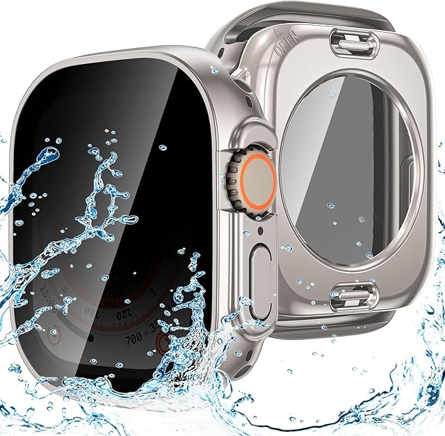 Goton 2 in 1 Privacy Waterproof Case for Apple Watch Ultra/Ultra 2 Screen Protector 49mm, Front Anti Spy Tempered Glass Face Cover + Back Bumper for iWatch Accessories 49 mm Titanium