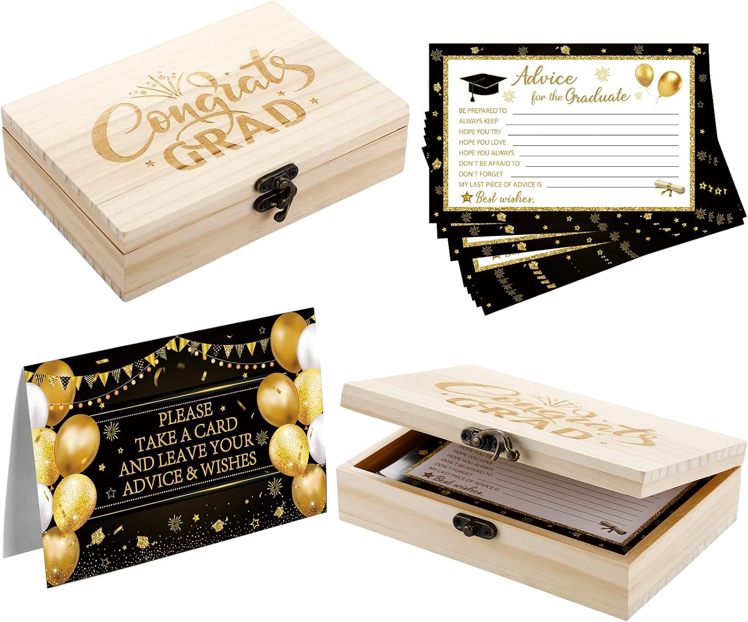 52 Pcs Graduation Wishes and Advice Cards with Box, 2026 Graduation Party Decorations Congrats Grad Cards Bulk for High School College Party Supplies(Black and Gold)