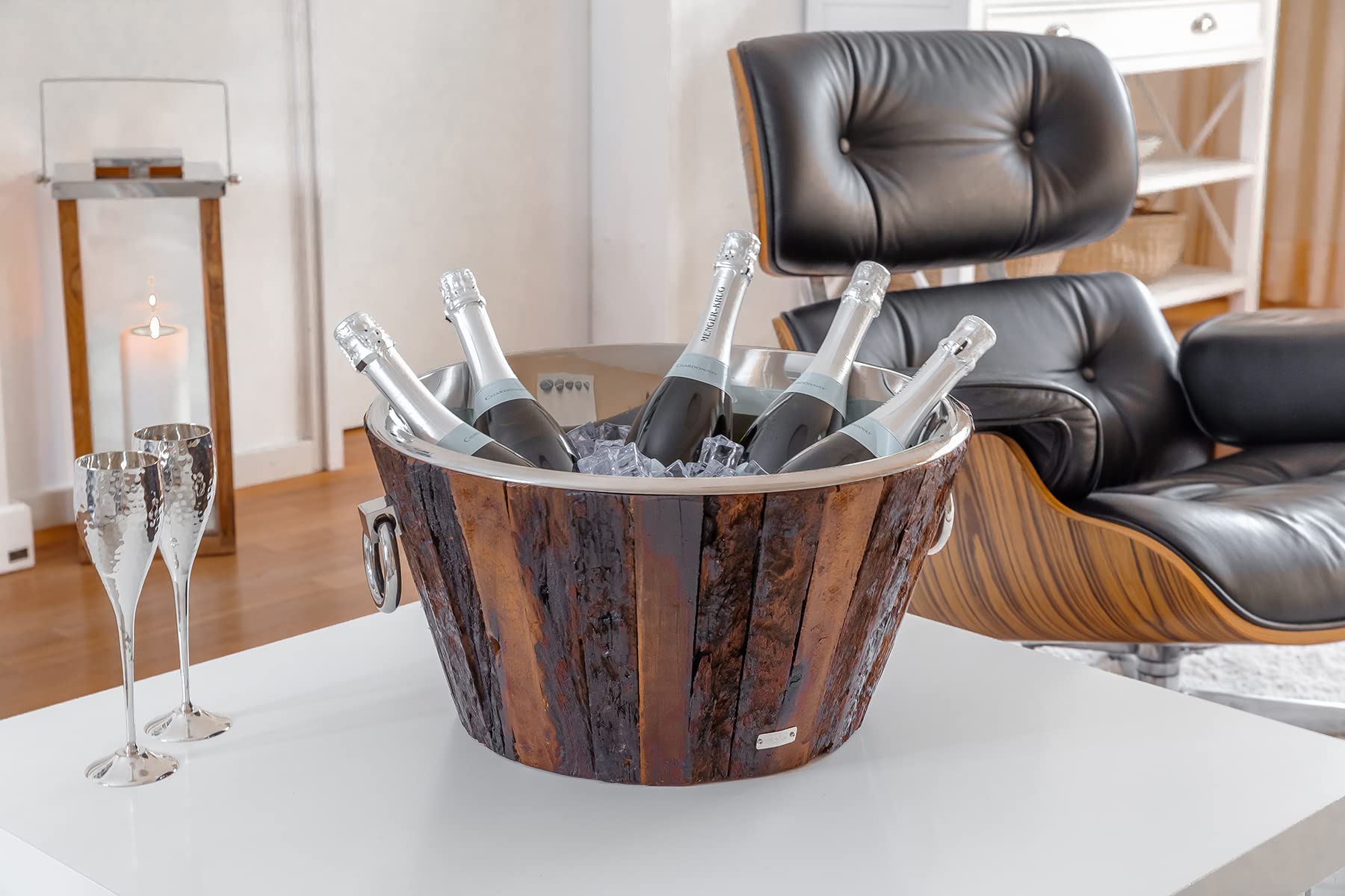 EDZARD Champanera Valencia con soporte (H 83 cm, Ø 22 cm), acero inoxidable doble pared, martillado, con asas, para 1 botella – enfriador de champán, enfriador de cava de pie, enfriador de vino