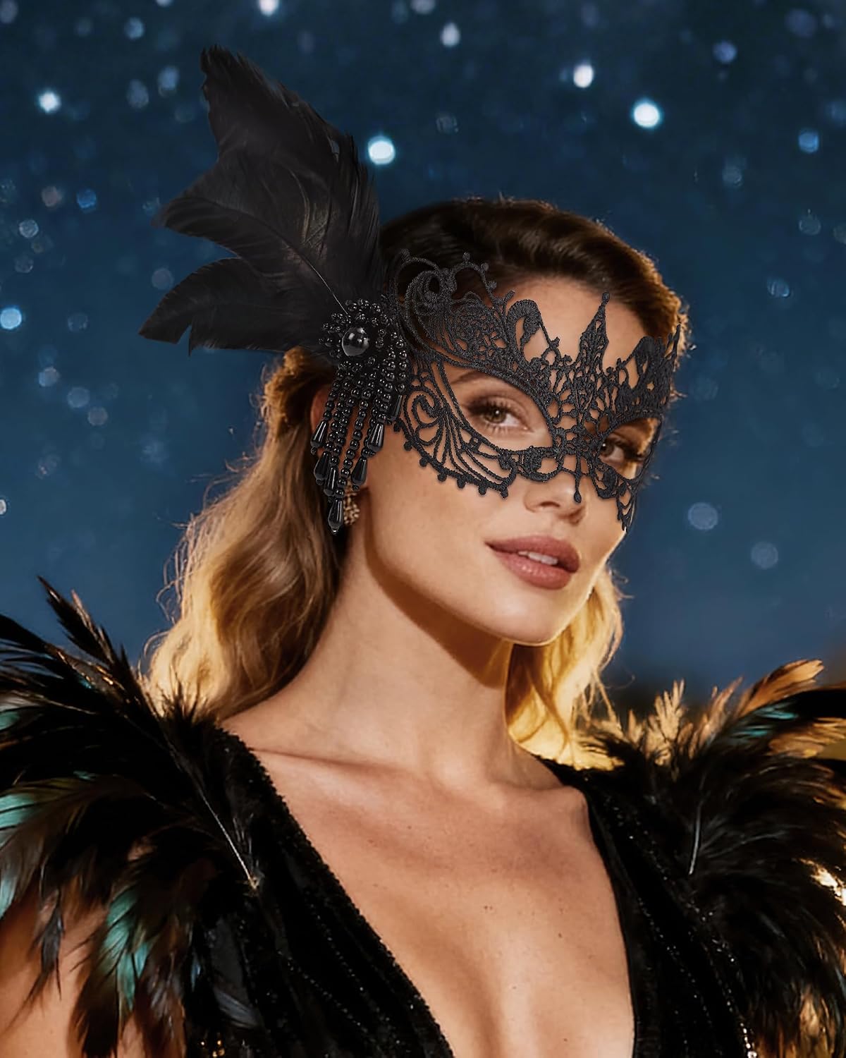 Zinniday Lace Masquerade Masks for Women - Elegant Venetian Mask 1920s 50s Antique Eyemask Feather Halloween Mask for Party