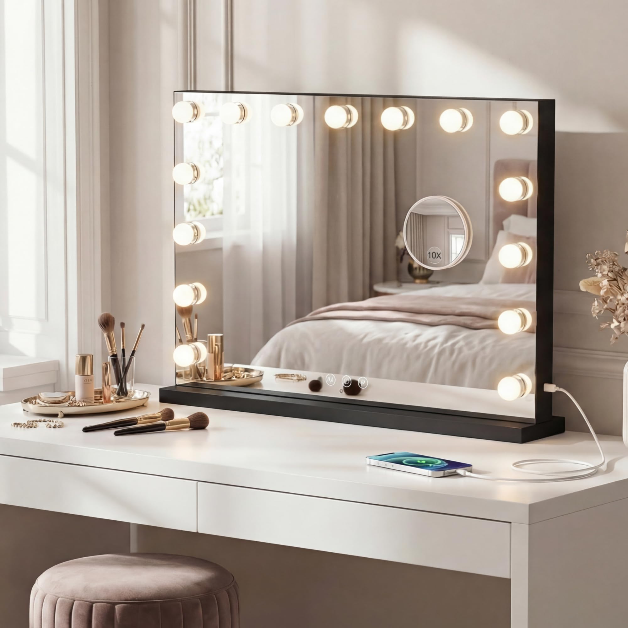 Bayt Miroir Maquillage Hollywood LED, 58 x 46 cm – Miroir Coiffeuse Lumineux avec 18 Ampoules Dimmables | 3 Couleurs de Lumière, Écran Tactile & Miroir Grossissant 10x, Noir
